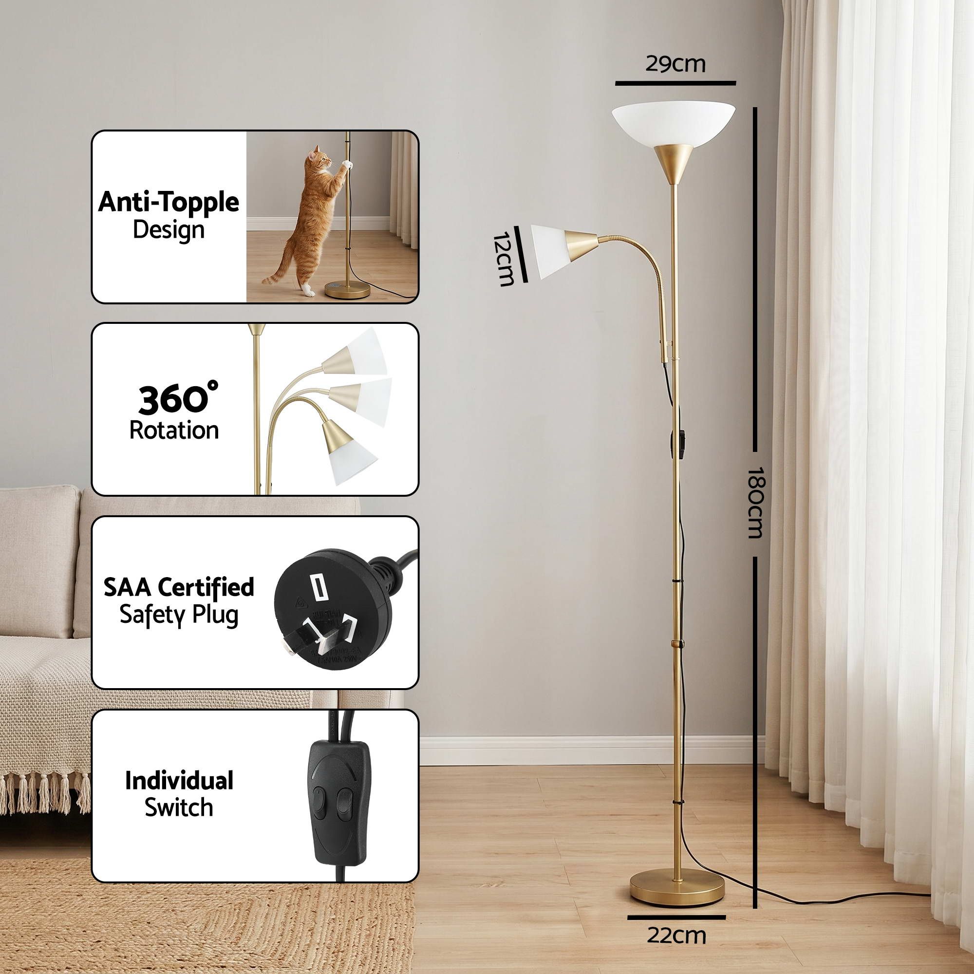 Gold Floor Lamp with Reading Light | Mother and Child Standing Lamp with 360 Flexible Gooseneck, Individual Switch & Plate Shade, E27 & E14 Bulb (Not Included) Home Living Room Office Reading - Home & Garden > Lighting > Floor Lamps - Rivercity House & Home Co. (ABN 18 642 972 209) - Affordable Modern Furniture Australia
