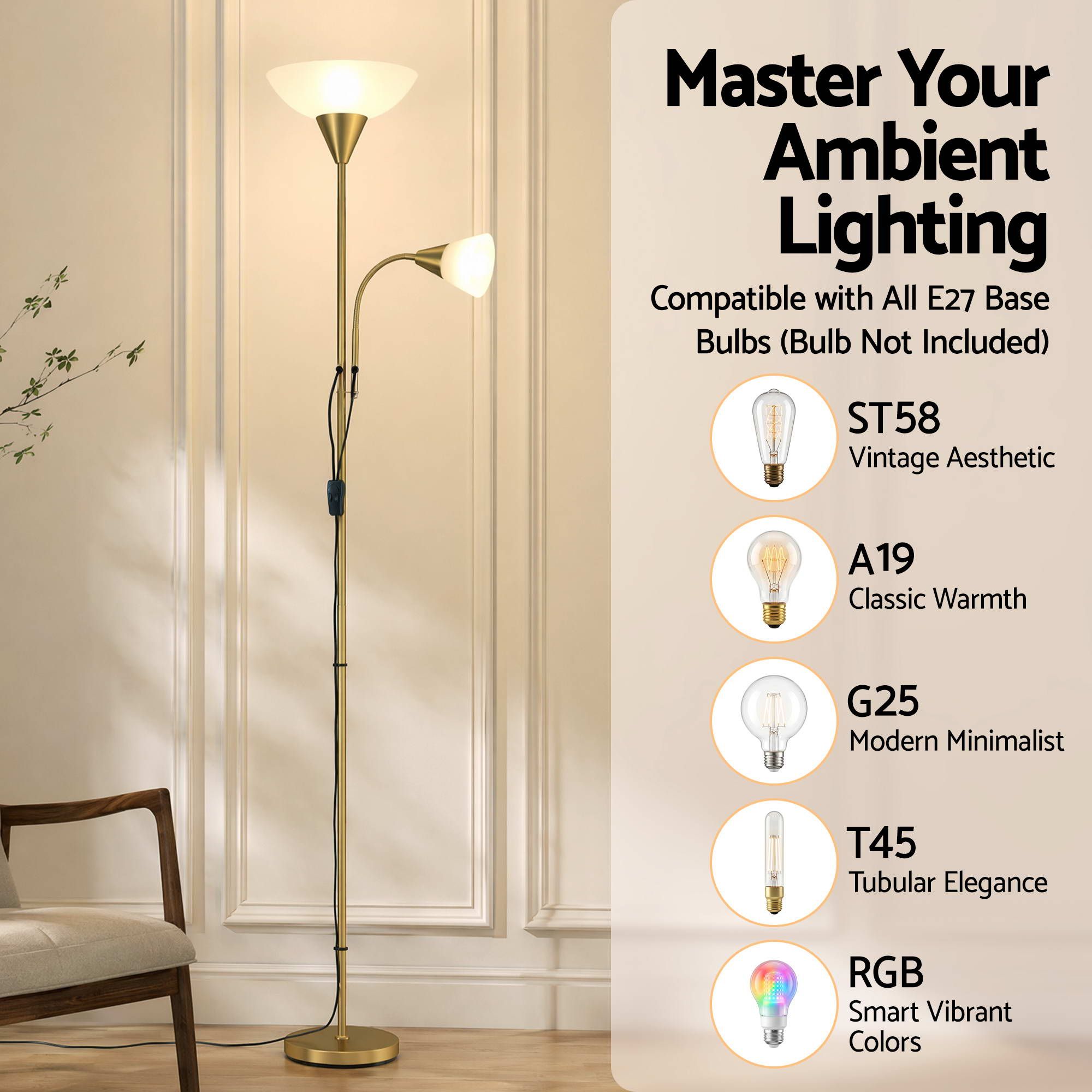 Gold Floor Lamp with Reading Light | Mother and Child Standing Lamp with 360 Flexible Gooseneck, Individual Switch & Plate Shade, E27 & E14 Bulb (Not Included) Home Living Room Office Reading - Home & Garden > Lighting > Floor Lamps - Rivercity House & Home Co. (ABN 18 642 972 209) - Affordable Modern Furniture Australia