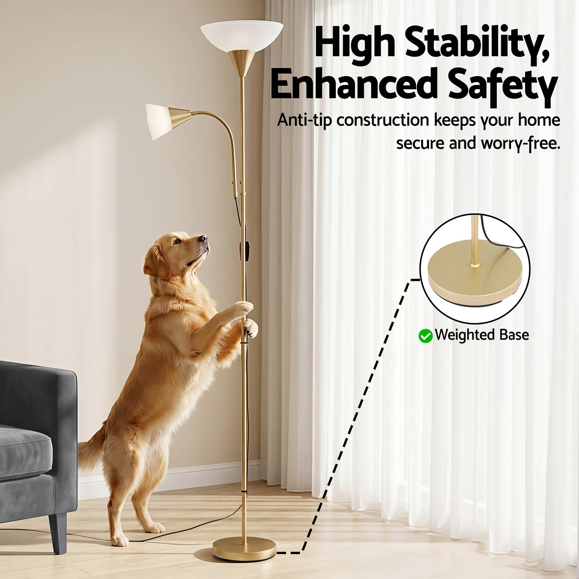 Gold Floor Lamp with Reading Light | Mother and Child Standing Lamp with 360 Flexible Gooseneck, Individual Switch & Plate Shade, E27 & E14 Bulb (Not Included) Home Living Room Office Reading - Home & Garden > Lighting > Floor Lamps - Rivercity House & Home Co. (ABN 18 642 972 209) - Affordable Modern Furniture Australia