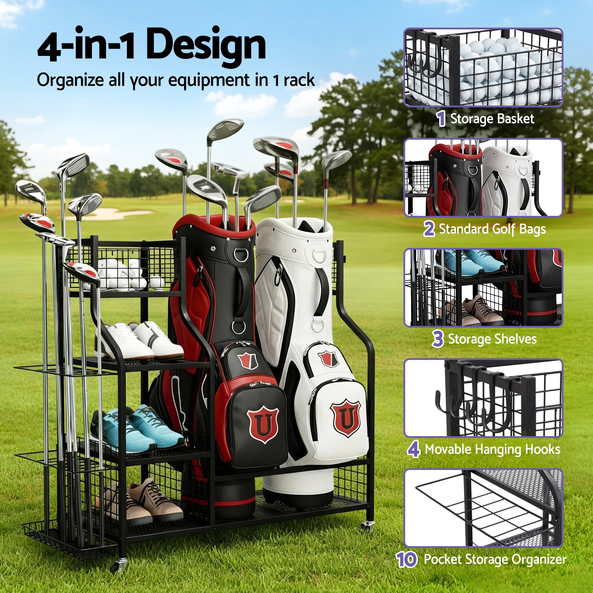 Golf Bag Storage Golf Storage Garage Organizer with Wheels Black - Sports & Fitness > Golf > Golf Accessories - Rivercity House & Home Co. (ABN 18 642 972 209) - Affordable Modern Furniture Australia