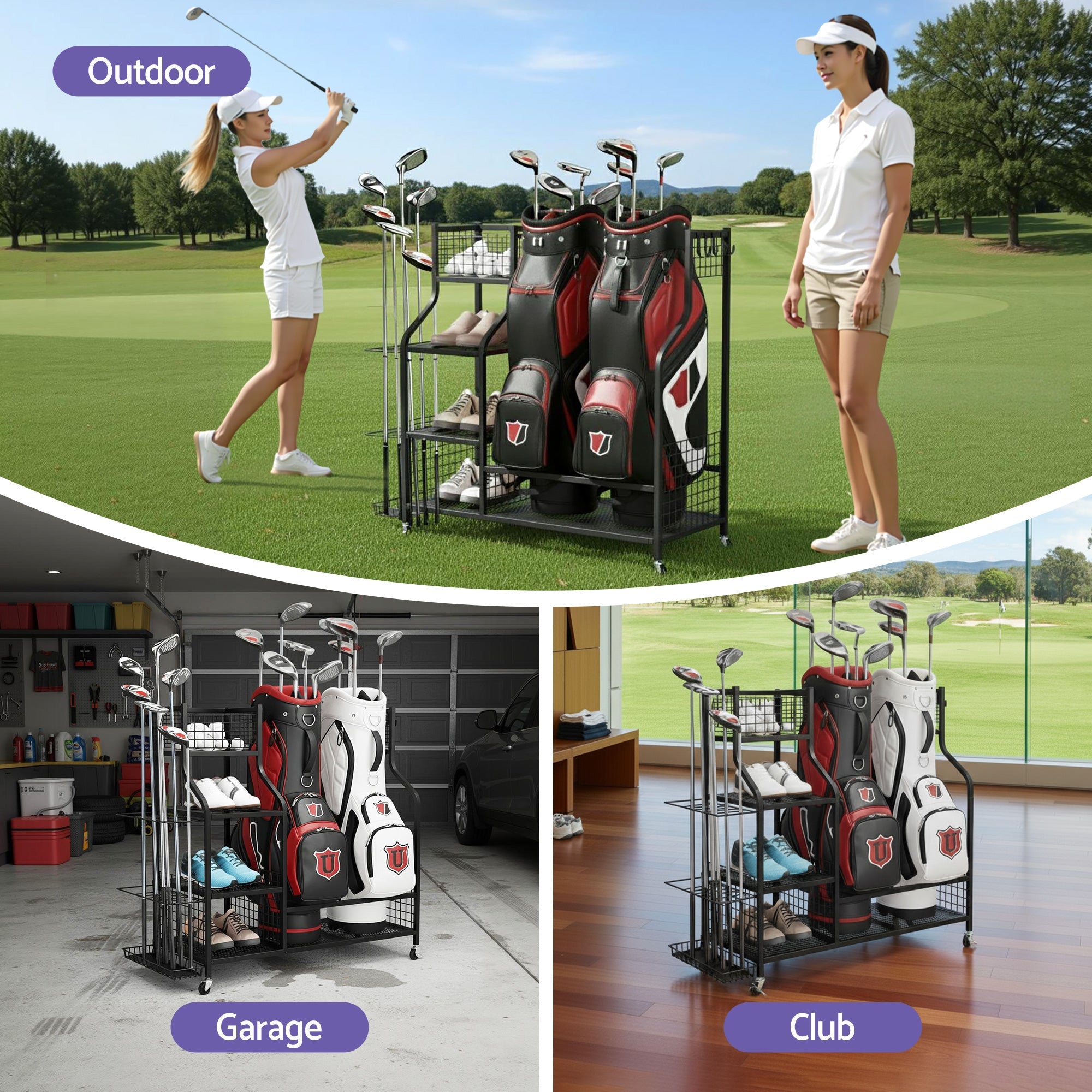 Golf Bag Storage Golf Storage Garage Organizer with Wheels Black - Sports & Fitness > Golf > Golf Accessories - Rivercity House & Home Co. (ABN 18 642 972 209) - Affordable Modern Furniture Australia
