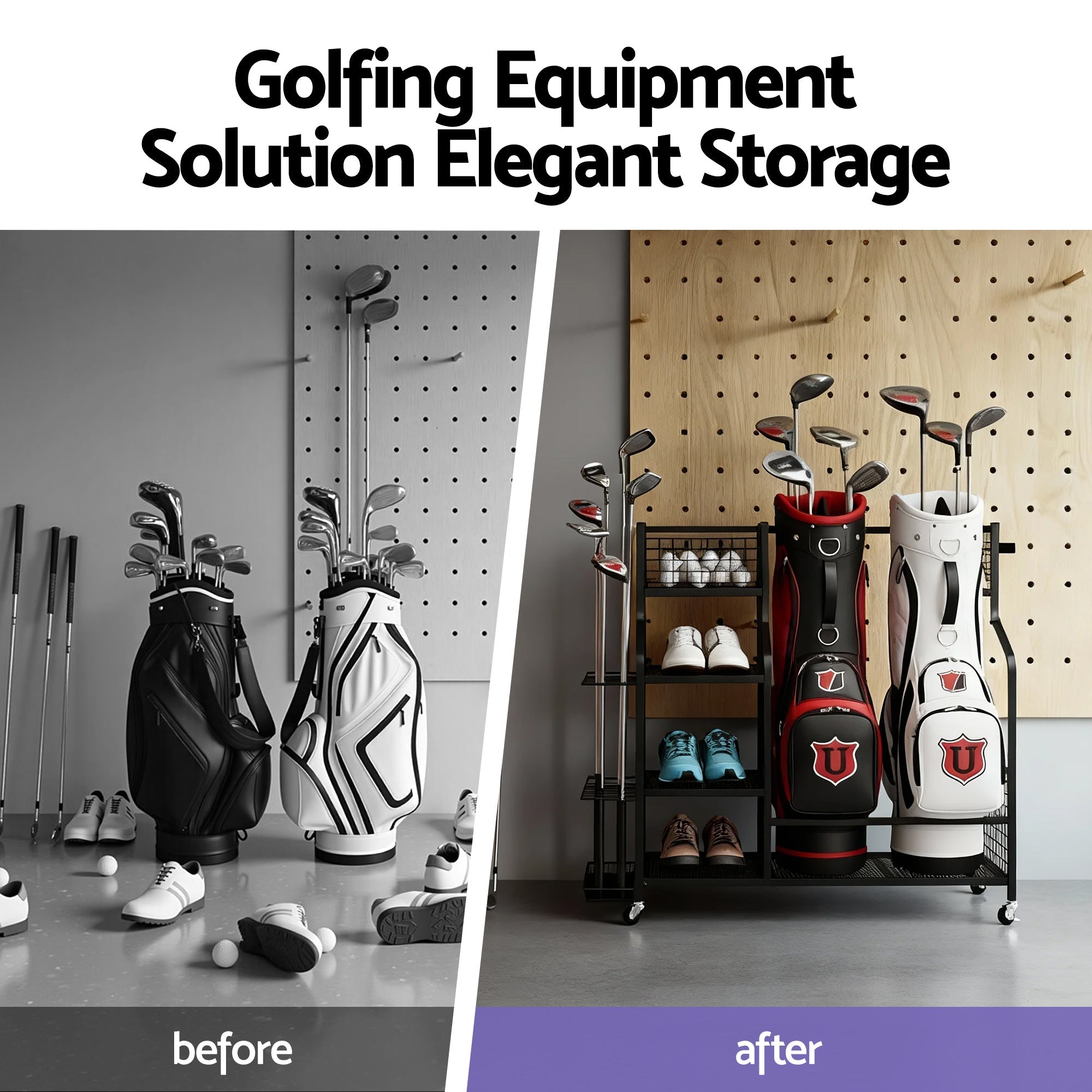 Golf Bag Storage Golf Storage Garage Organizer with Wheels Black - Sports & Fitness > Golf > Golf Accessories - Rivercity House & Home Co. (ABN 18 642 972 209) - Affordable Modern Furniture Australia
