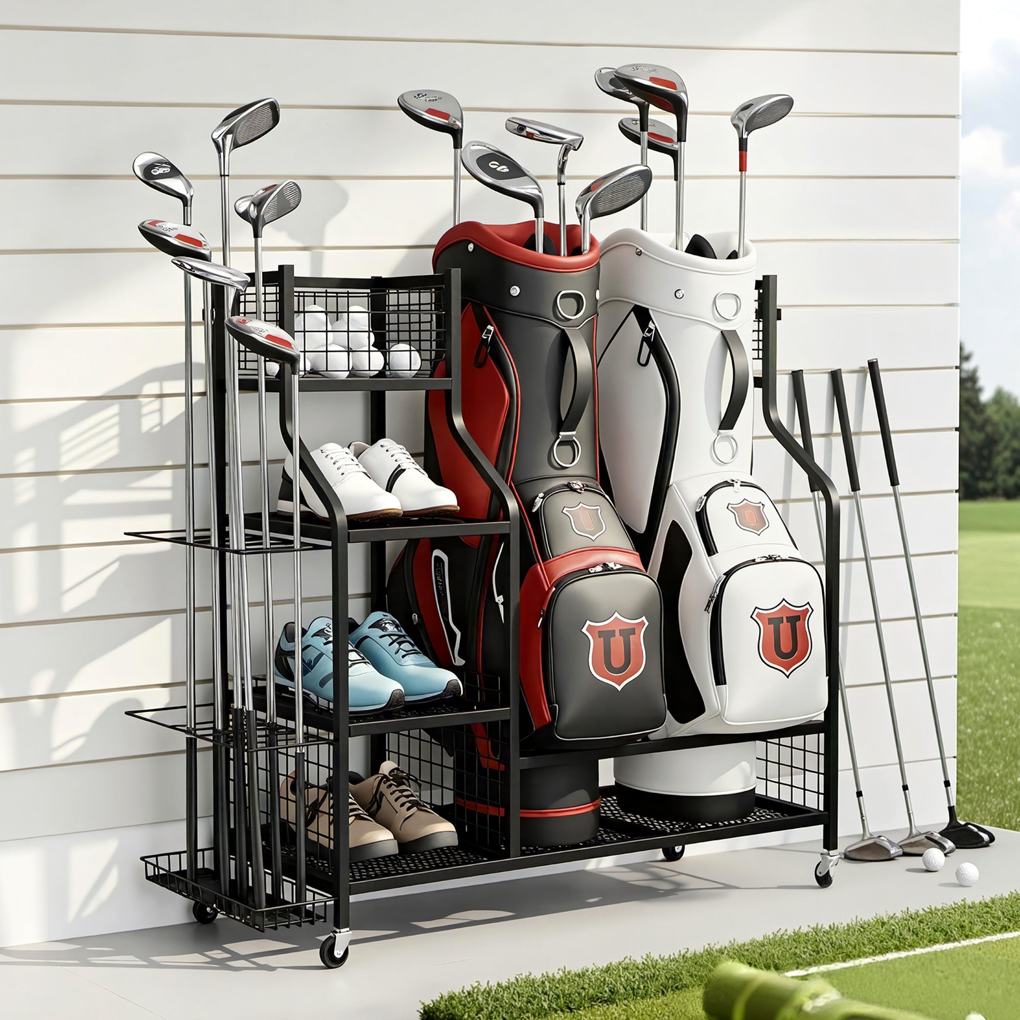 Golf Bag Storage Golf Storage Garage Organizer with Wheels Black - Sports & Fitness > Golf > Golf Accessories - Rivercity House & Home Co. (ABN 18 642 972 209) - Affordable Modern Furniture Australia