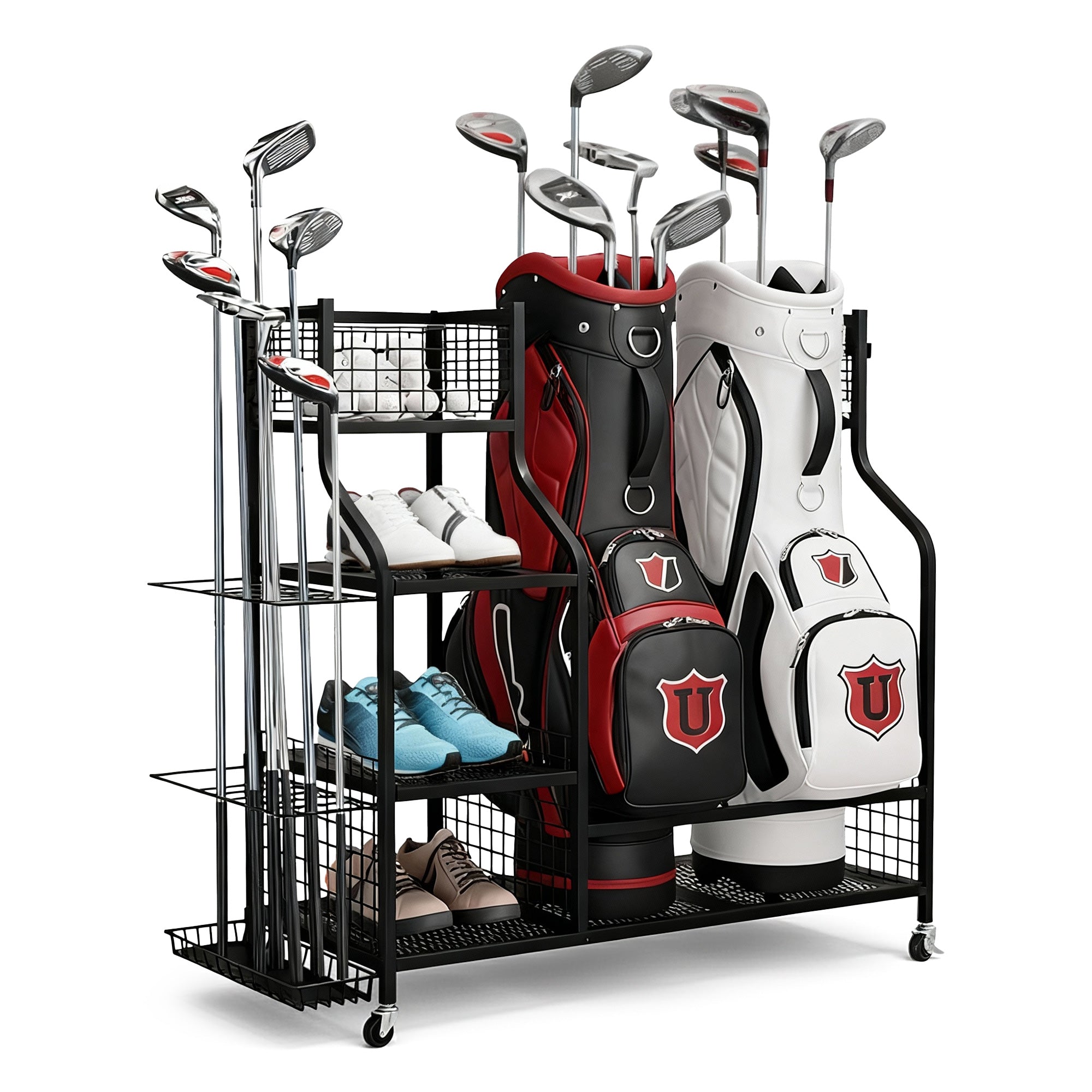 Golf Bag Storage Golf Storage Garage Organizer with Wheels Black - Sports & Fitness > Golf > Golf Accessories - Rivercity House & Home Co. (ABN 18 642 972 209) - Affordable Modern Furniture Australia