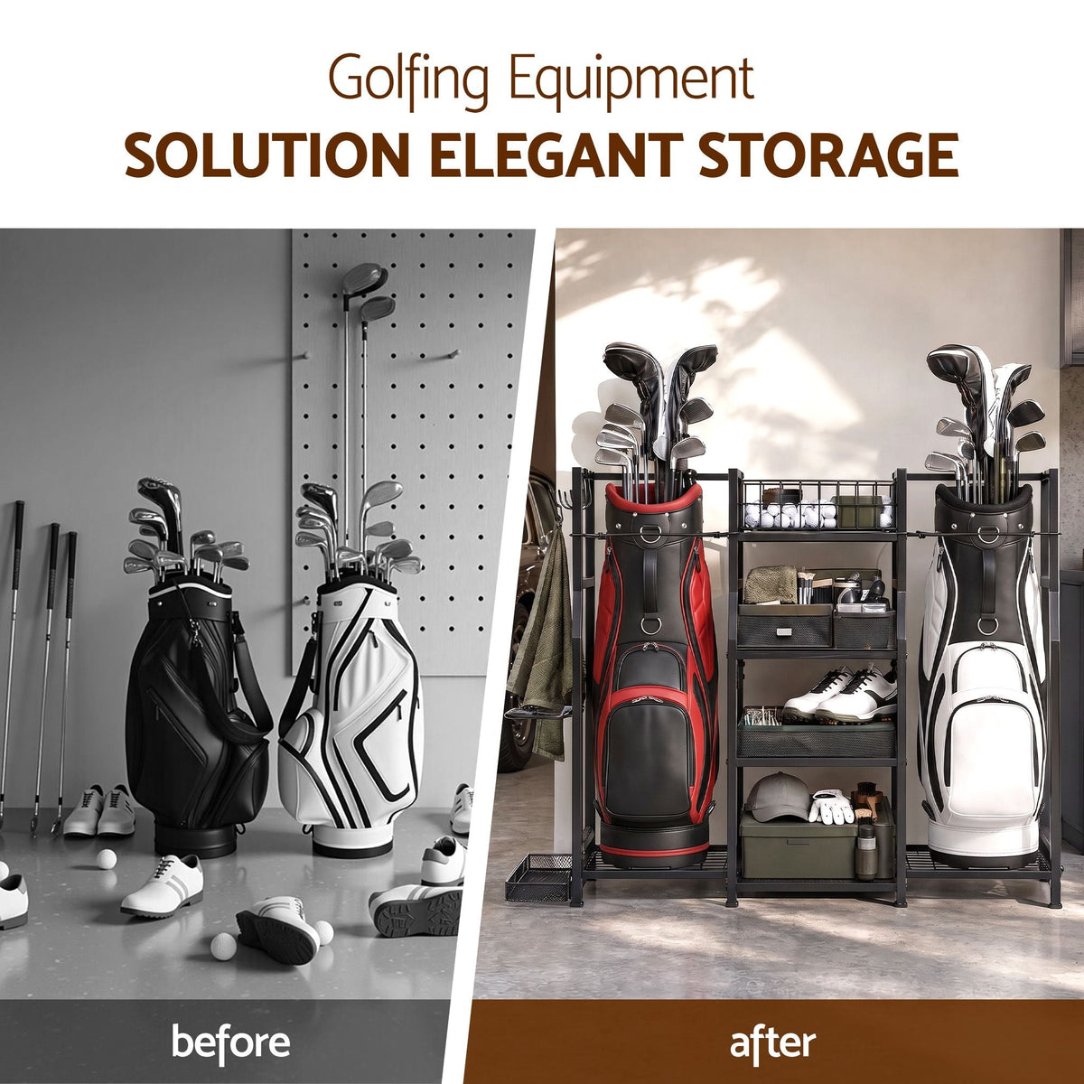 Golf Bag Storage Rack for 2 Bags and 16 Clubs - Black - Sports & Fitness > Exercise, Gym & Fitness > Gym Equipment & Accessories - Rivercity House & Home Co. (ABN 18 642 972 209) - Affordable Modern Furniture Australia