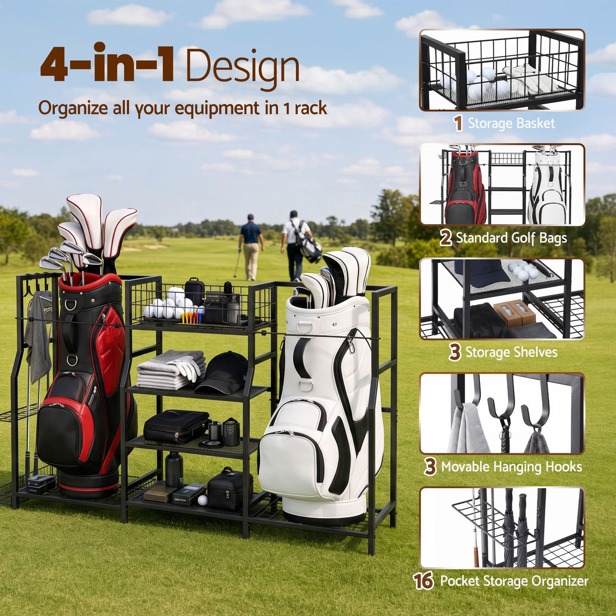 Golf Bag Storage Rack for 2 Bags and 16 Clubs - Black - Sports & Fitness > Exercise, Gym & Fitness > Gym Equipment & Accessories - Rivercity House & Home Co. (ABN 18 642 972 209) - Affordable Modern Furniture Australia