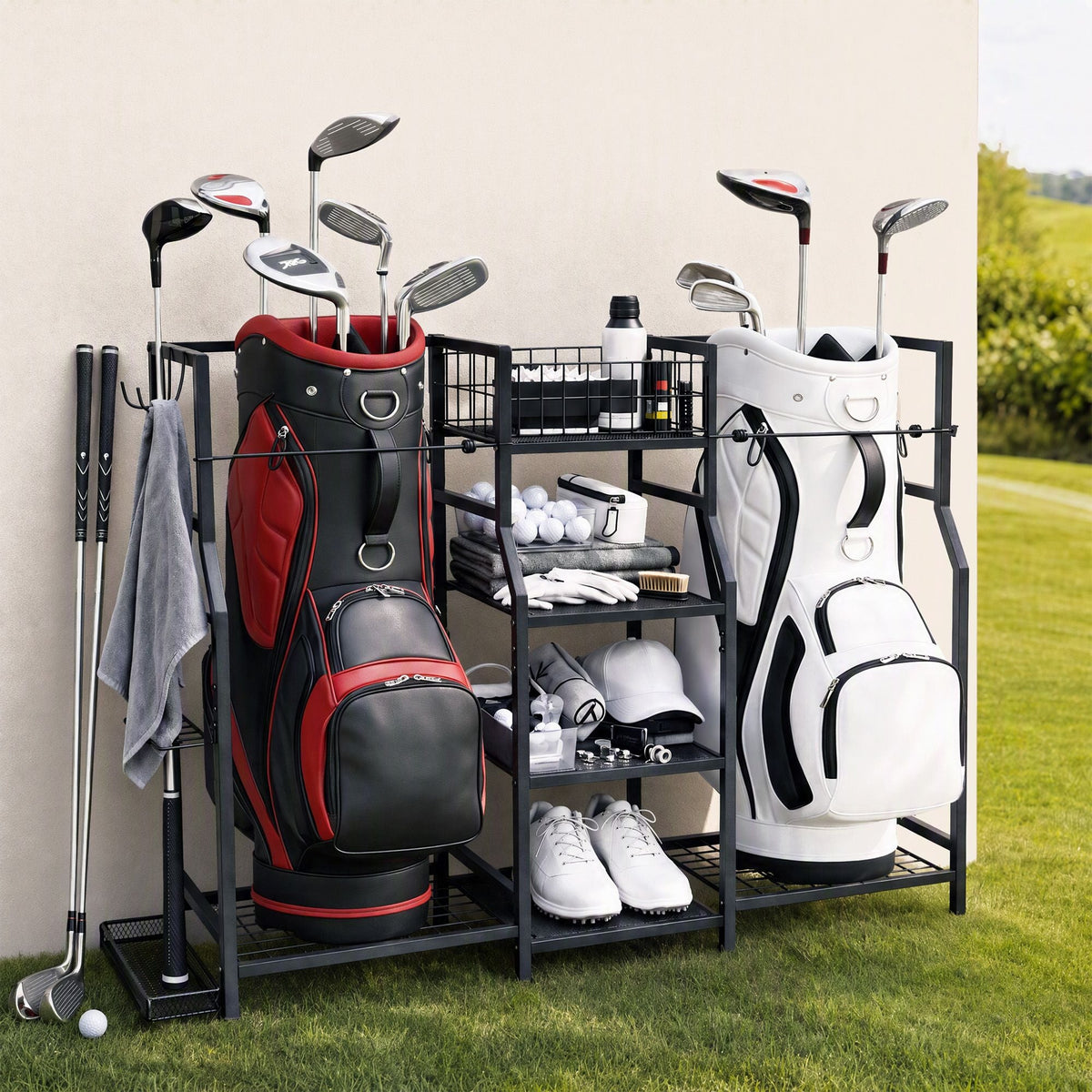 Golf Bag Storage Rack for 2 Bags and 16 Clubs - Black - Sports & Fitness > Exercise, Gym & Fitness > Gym Equipment & Accessories - Rivercity House & Home Co. (ABN 18 642 972 209) - Affordable Modern Furniture Australia