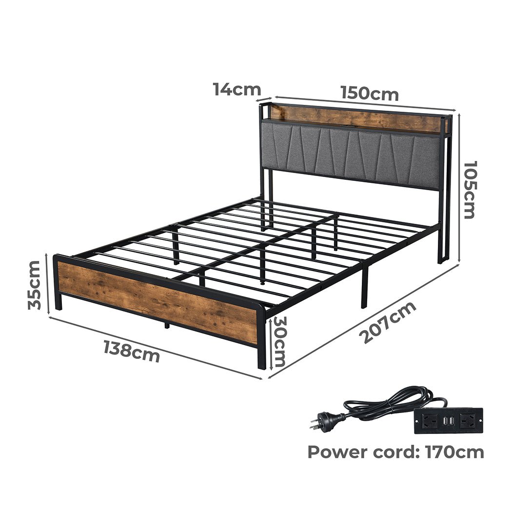 Grange Double Bed Frame with Storage Headboard & USB – Brown/Grey - Rivercity House & Home Co. (ABN 18 642 972 209) - Affordable Modern Furniture Australia