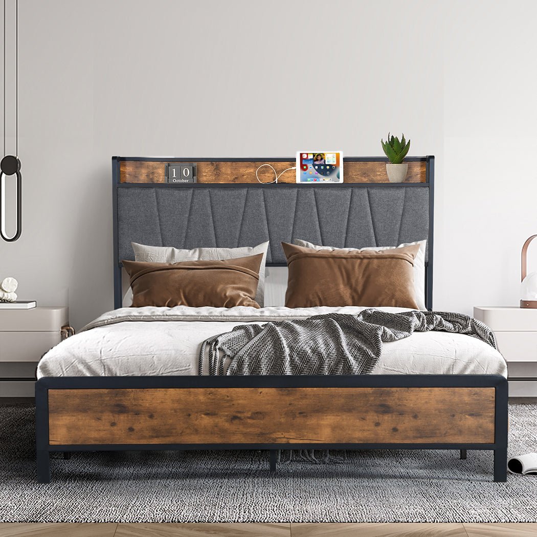 Grange Double Bed Frame with Storage Headboard & USB – Brown/Grey - Rivercity House & Home Co. (ABN 18 642 972 209) - Affordable Modern Furniture Australia