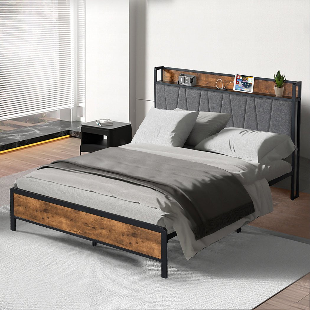 Grange Double Bed Frame with Storage Headboard & USB – Brown/Grey - Rivercity House & Home Co. (ABN 18 642 972 209) - Affordable Modern Furniture Australia