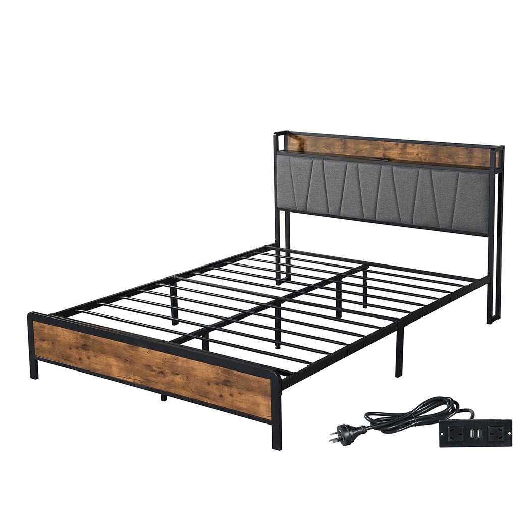 Grange Industrial Queen Bed Frame with Upholstered Headboard & Power Strip – Brown/Grey - Rivercity House & Home Co. (ABN 18 642 972 209) - Affordable Modern Furniture Australia