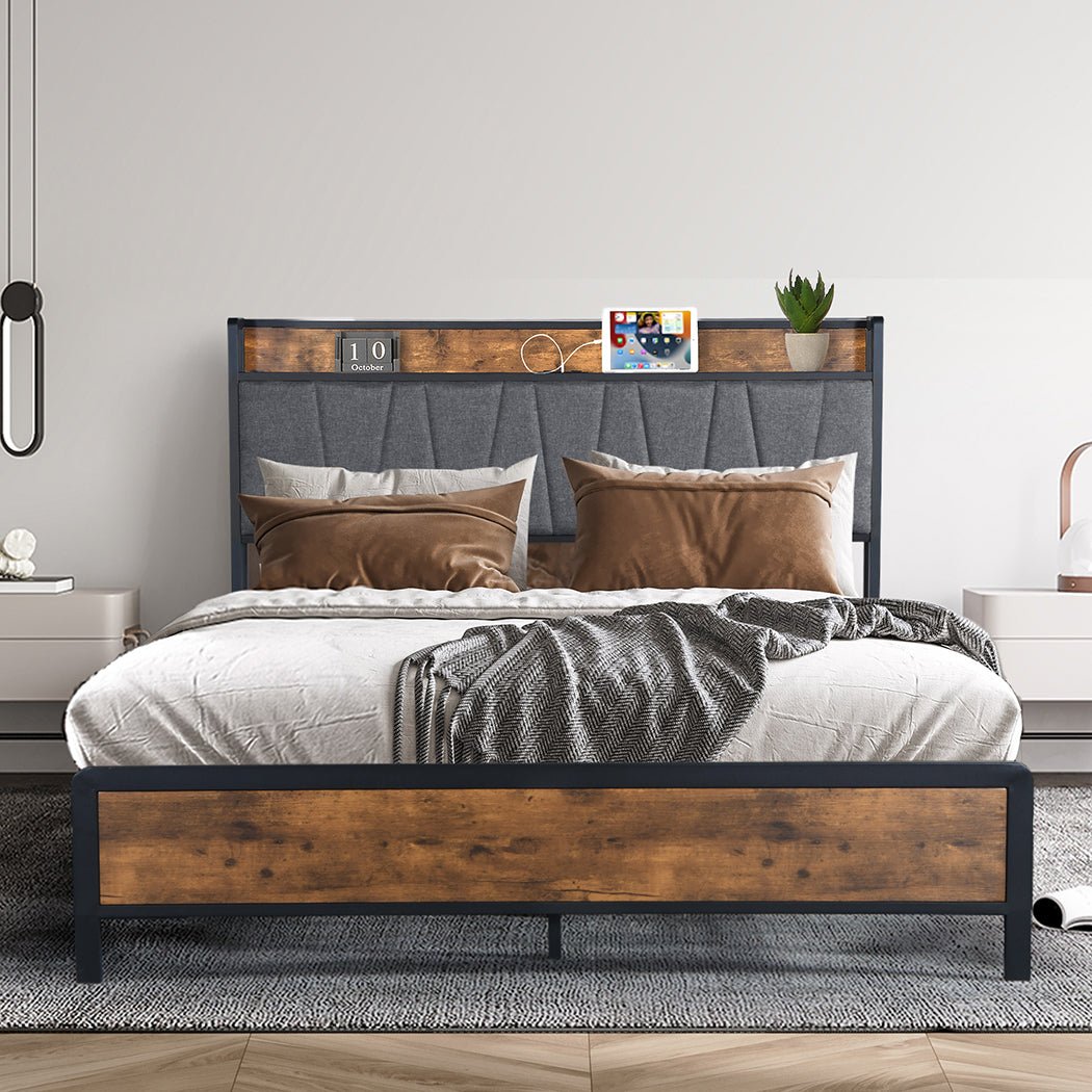 Grange Industrial Queen Bed Frame with Upholstered Headboard & Power Strip – Brown/Grey - Rivercity House & Home Co. (ABN 18 642 972 209) - Affordable Modern Furniture Australia