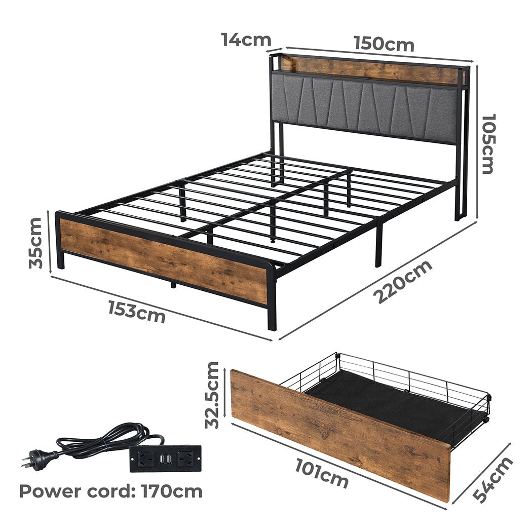 Grange Industrial Queen Bed Frame with Upholstered Headboard & Power Strip – Brown/Grey - Rivercity House & Home Co. (ABN 18 642 972 209) - Affordable Modern Furniture Australia