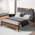 Grange Industrial Queen Bed Frame with Upholstered Headboard & Power Strip – Brown/Grey