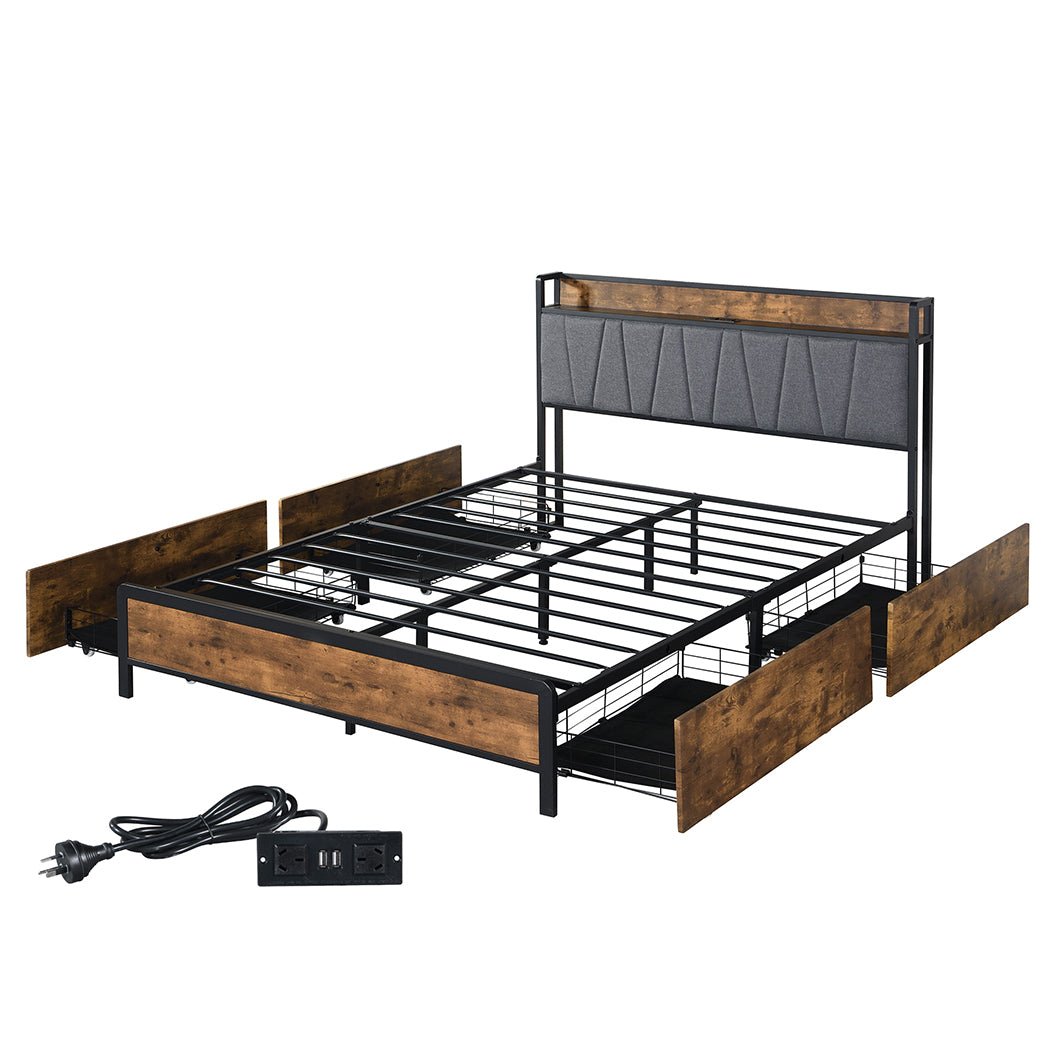 Grange Storage Queen Bed Frame with USB Ports & Drawers – Brown/Grey - Rivercity House & Home Co. (ABN 18 642 972 209) - Affordable Modern Furniture Australia