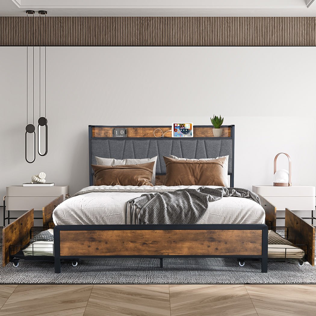 Grange Storage Queen Bed Frame with USB Ports & Drawers – Brown/Grey - Rivercity House & Home Co. (ABN 18 642 972 209) - Affordable Modern Furniture Australia