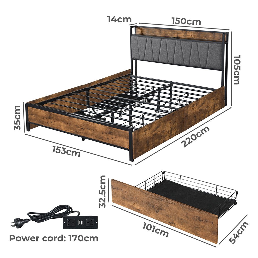 Grange Storage Queen Bed Frame with USB Ports & Drawers – Brown/Grey - Rivercity House & Home Co. (ABN 18 642 972 209) - Affordable Modern Furniture Australia
