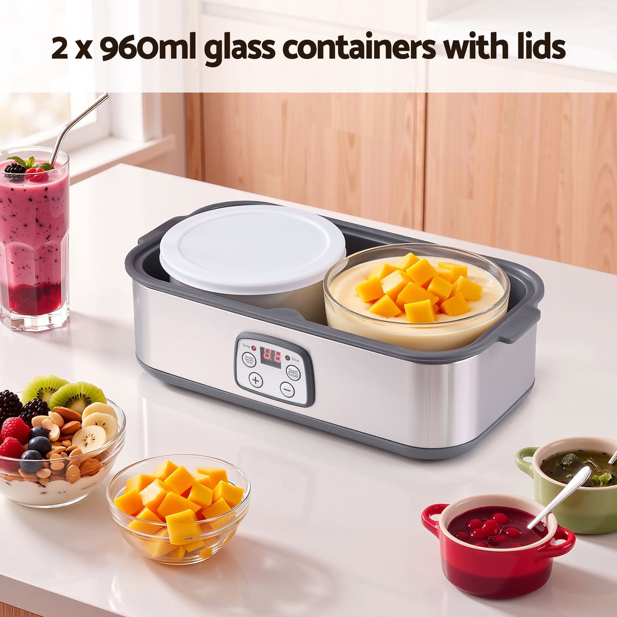 Greek Yoghurt Maker Machine with 2x960ml Large Tubs and Temp Control - Grey - Appliances > Kitchen Appliances > Speciality Appliances - Rivercity House & Home Co. (ABN 18 642 972 209) - Affordable Modern Furniture Australia