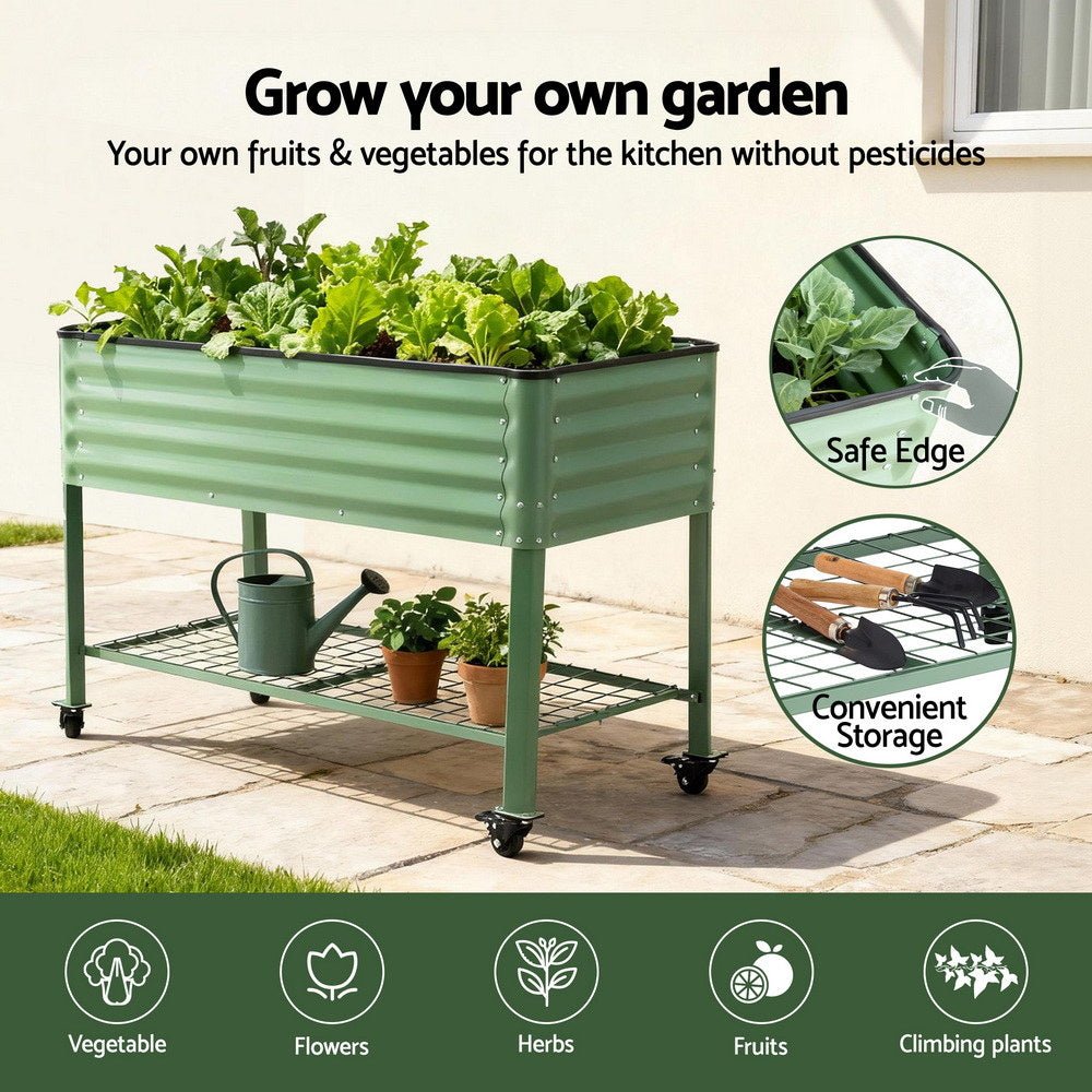 Green Fingers Elevated Raised Garden Bed Kit Mobile w/ Locking Wheels & Storage Shelf 100KG Max Load 115x60x81cm | Galvanized Steel, Portable Green Organizer for Seniors, Patio, Balcony, Vegetables - Home & Garden > Garden Beds > Garden Beds & Planters - Rivercity House & Home Co. (ABN 18 642 972 209) - Affordable Modern Furniture Australia