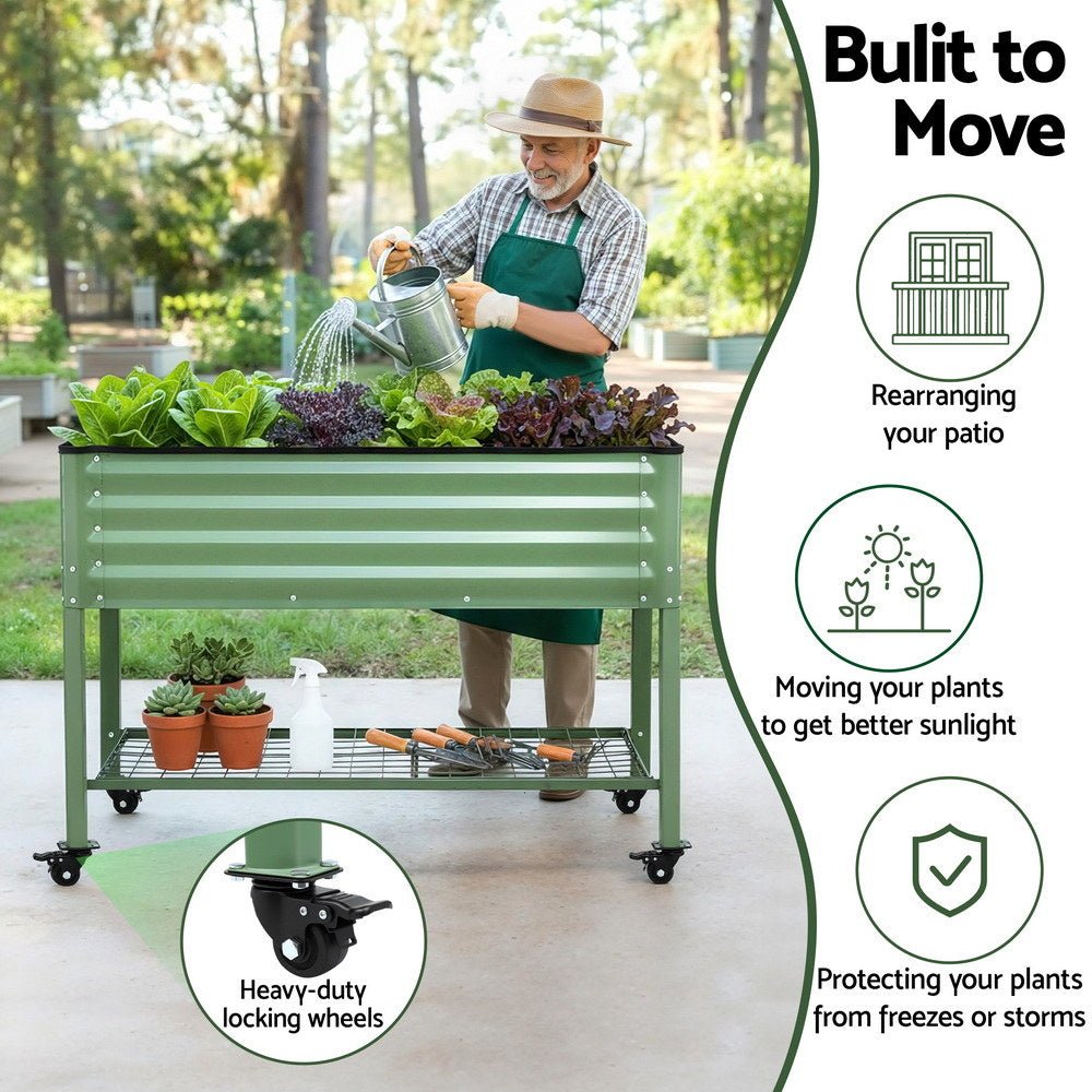 Green Fingers Elevated Raised Garden Bed Kit Mobile w/ Locking Wheels & Storage Shelf 100KG Max Load 115x60x81cm | Galvanized Steel, Portable Green Organizer for Seniors, Patio, Balcony, Vegetables - Home & Garden > Garden Beds > Garden Beds & Planters - Rivercity House & Home Co. (ABN 18 642 972 209) - Affordable Modern Furniture Australia