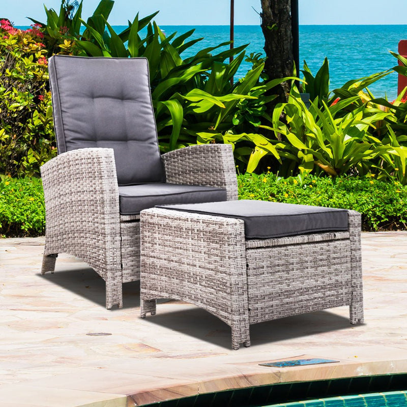 Grey Wicker Sun Lounge Recliner With Ottoman - Furniture - Rivercity House & Home Co. (ABN 18 642 972 209) - Affordable Modern Furniture Australia