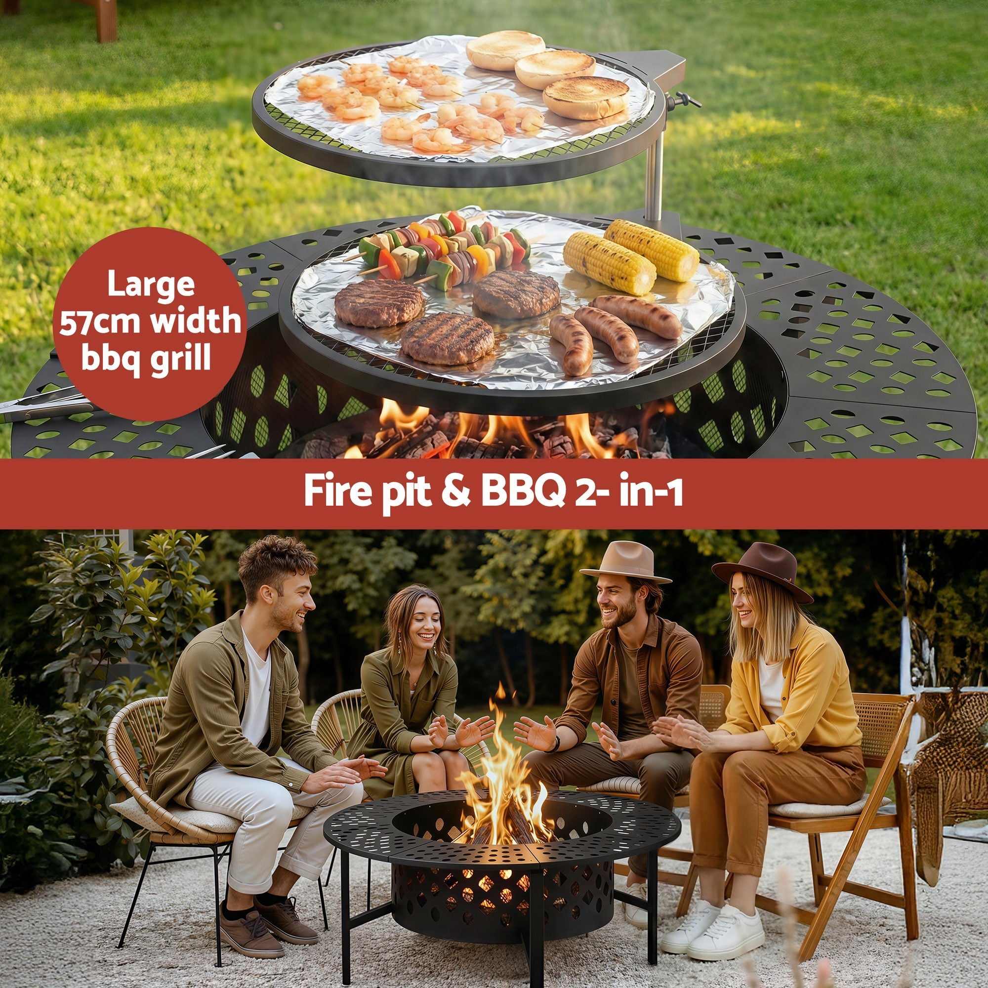 Grillz 3 - in - 1 Portable Fire Pit BBQ Charcoal Smoker with Mesh Pits - Black - Home & Garden > Firepits > Fire Pits - Rivercity House & Home Co. (ABN 18 642 972 209) - Affordable Modern Furniture Australia