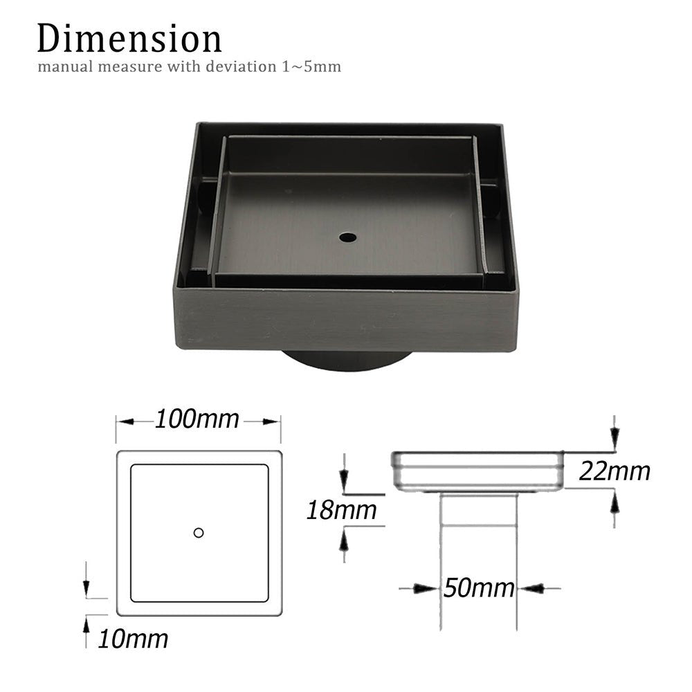 Gun Metal 100mm Square Tile Insert Floor Drain Small Shower Grate 50mm Waste Set - Furniture > Bathroom > Shower Heads & Screens - Rivercity House & Home Co. (ABN 18 642 972 209) - Affordable Modern Furniture Australia