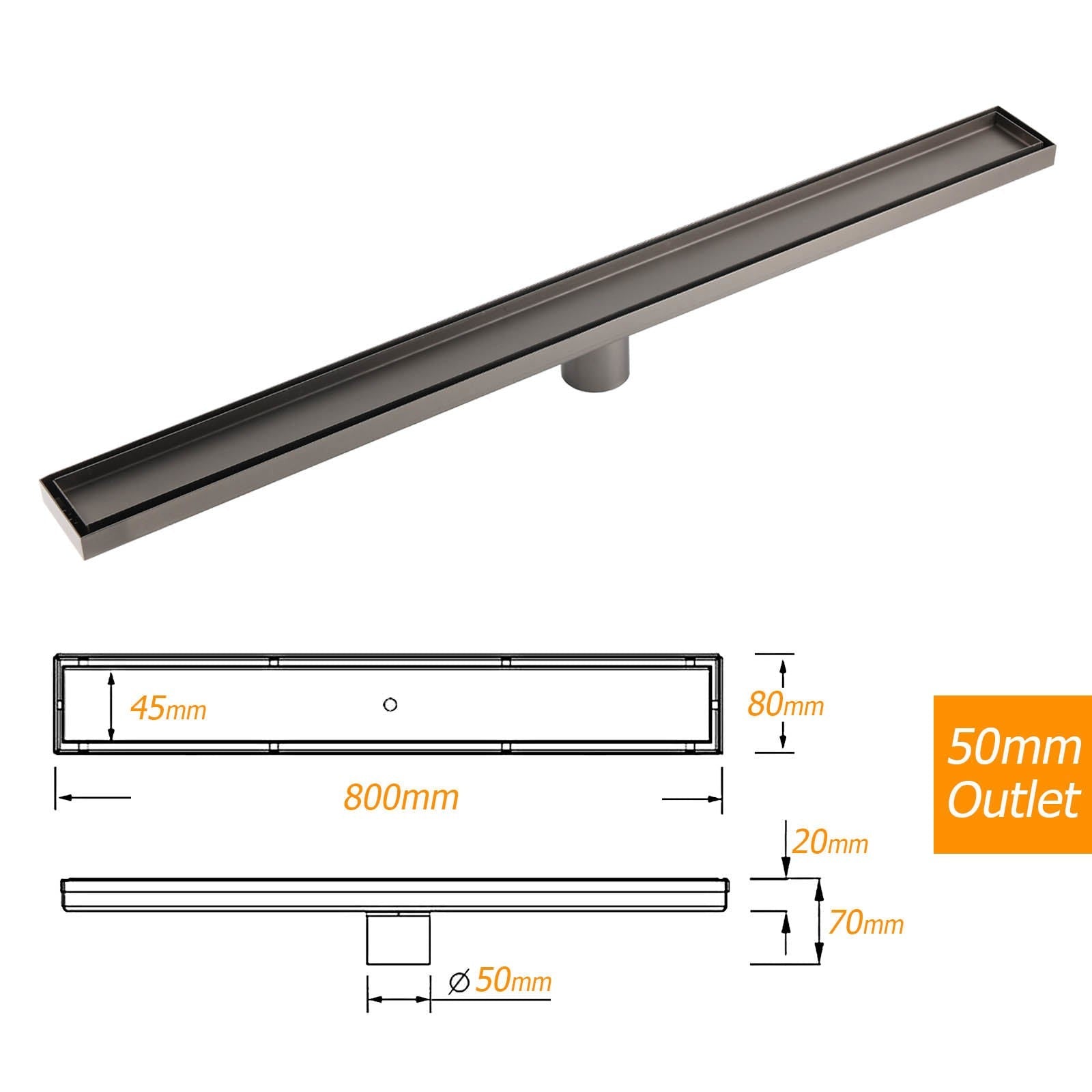 Gun Metal Bathroom Tile Insert 800mm Linear Shower Grate Floor Drain 50mm Waste - Furniture > Bathroom > Shower Heads & Screens - Rivercity House & Home Co. (ABN 18 642 972 209) - Affordable Modern Furniture Australia