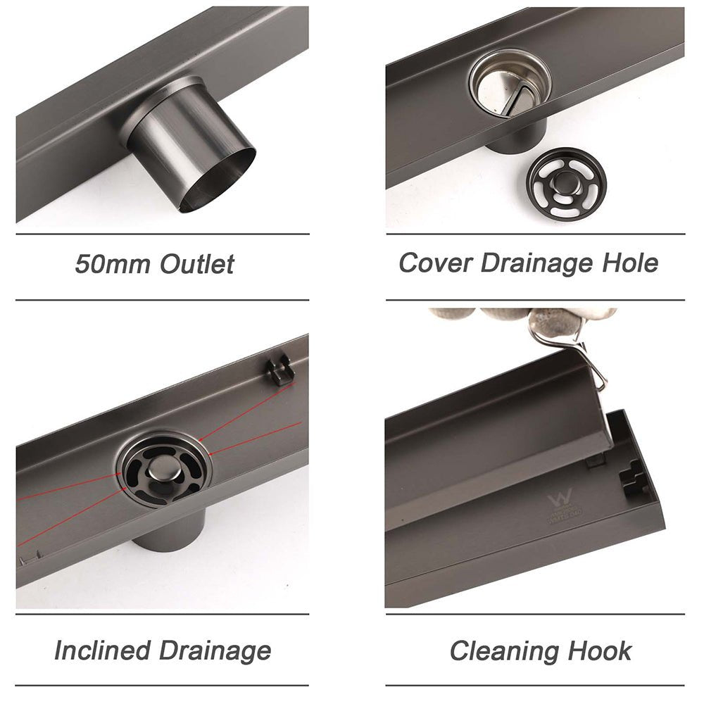 Gun Metal Bathroom Tile Insert 800mm Linear Shower Grate Floor Drain 50mm Waste - Furniture > Bathroom > Shower Heads & Screens - Rivercity House & Home Co. (ABN 18 642 972 209) - Affordable Modern Furniture Australia
