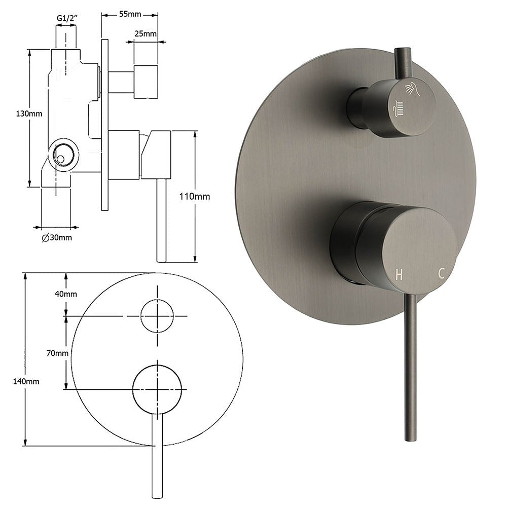 Gun Metal Gray Round Shower Mixer 2 Way Diverter For Bath Twin Shower Watermark - Furniture > Bathroom > Shower Heads & Screens - Rivercity House & Home Co. (ABN 18 642 972 209) - Affordable Modern Furniture Australia