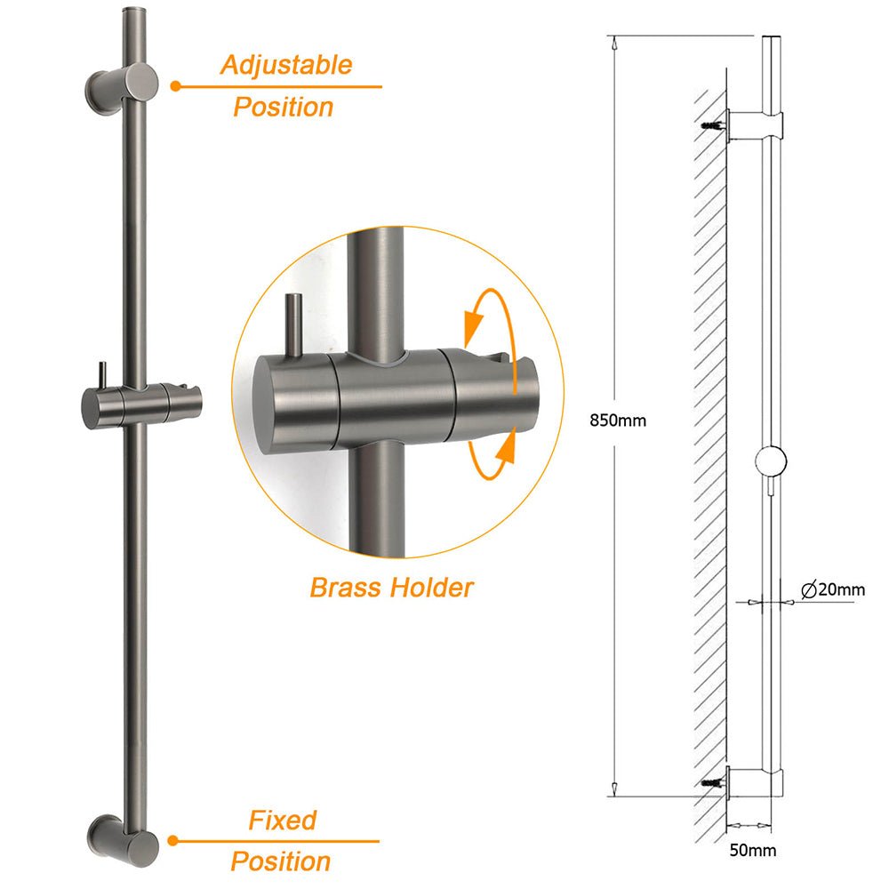 Gun Metal Grey Brass 850mm Long Sliding Rail Bar Swivel Handheld Shower Holder Bracket - Furniture > Bathroom > Shower Heads & Screens - Rivercity House & Home Co. (ABN 18 642 972 209) - Affordable Modern Furniture Australia