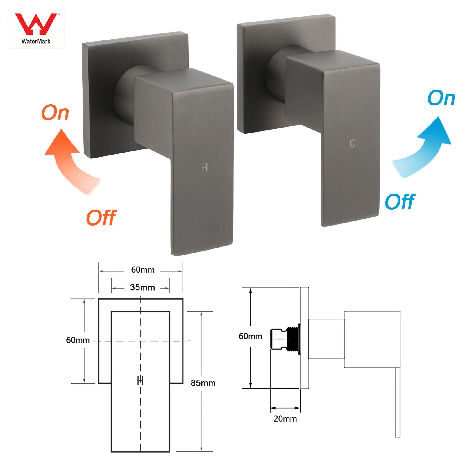 Gun Metal Grey Square 1/4 Quarter Turn Wall Twin Taps For Shower Basin Spout Set - Furniture > Bathroom > Shower Heads & Screens - Rivercity House & Home Co. (ABN 18 642 972 209) - Affordable Modern Furniture Australia