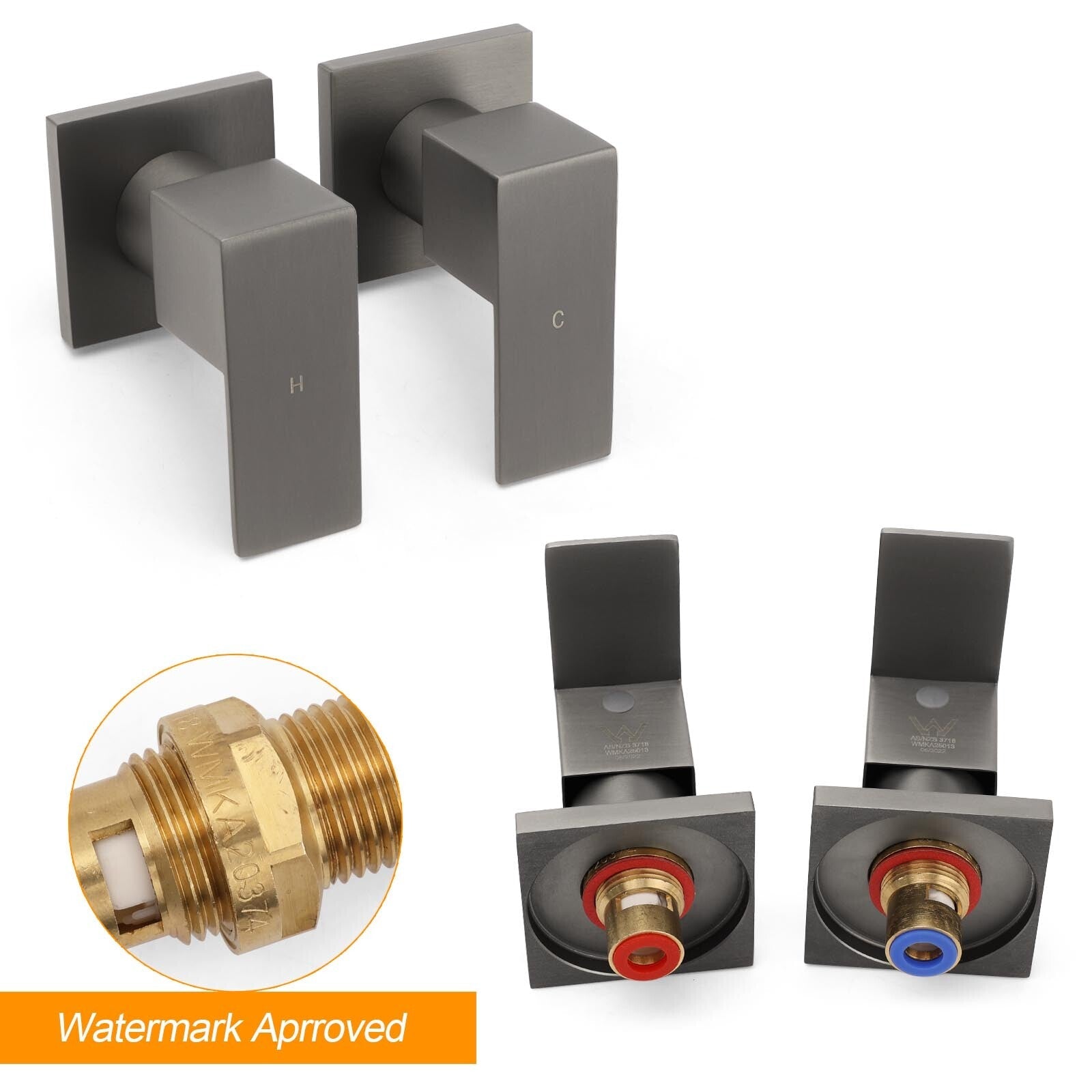 Gun Metal Grey Square 1/4 Quarter Turn Wall Twin Taps For Shower Basin Spout Set - Furniture > Bathroom > Shower Heads & Screens - Rivercity House & Home Co. (ABN 18 642 972 209) - Affordable Modern Furniture Australia