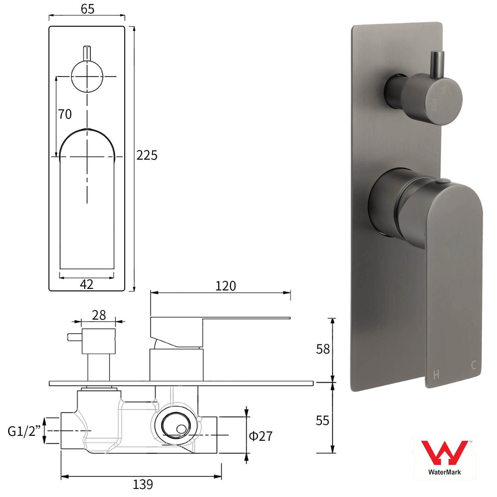 Gun Metal Grey Square Wall Mounted Shower Mixer Diverter 2 Ways Switch Valve Set - Furniture > Bathroom > Shower Heads & Screens - Rivercity House & Home Co. (ABN 18 642 972 209) - Affordable Modern Furniture Australia