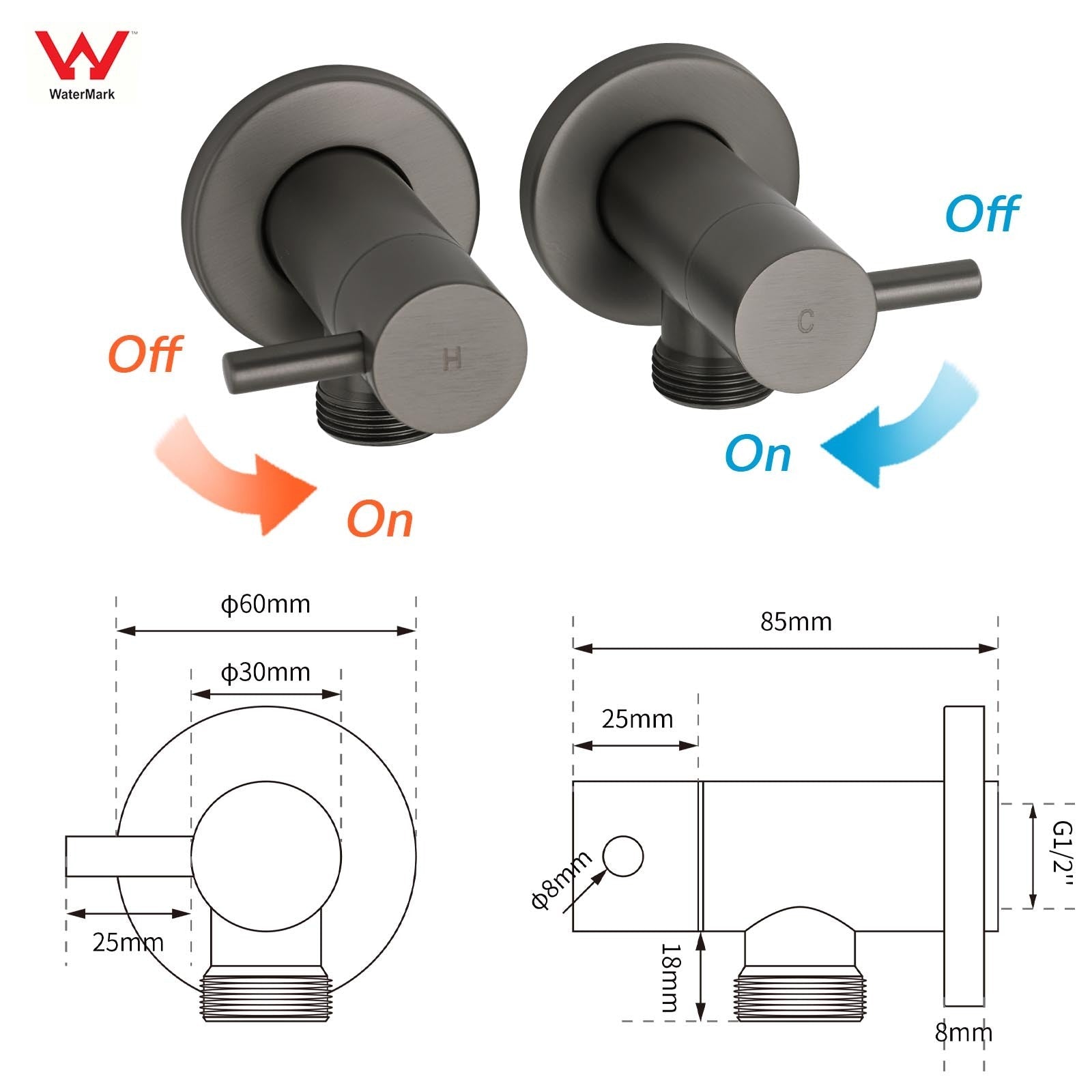 Gun Metal Grey Washing Machine 1/4 Turn Hot Cold Water Mixer Tap Set Watermark - Furniture > Bathroom > Shower Heads & Screens - Rivercity House & Home Co. (ABN 18 642 972 209) - Affordable Modern Furniture Australia