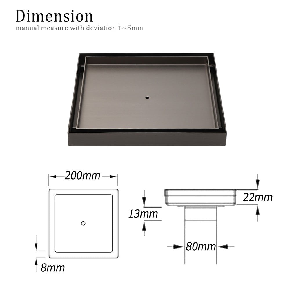 Gun Metal Large Square 200x200mm Tile Insert Floor Drain Shower Grate 80mm Waste - Furniture > Bathroom > Shower Heads & Screens - Rivercity House & Home Co. (ABN 18 642 972 209) - Affordable Modern Furniture Australia