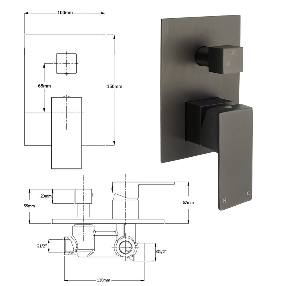 Gun Metal Square Stainless Steel Bath Shower Mixer 2 Way Switch Diverter Watermark - Furniture > Bathroom > Shower Heads & Screens - Rivercity House & Home Co. (ABN 18 642 972 209) - Affordable Modern Furniture Australia