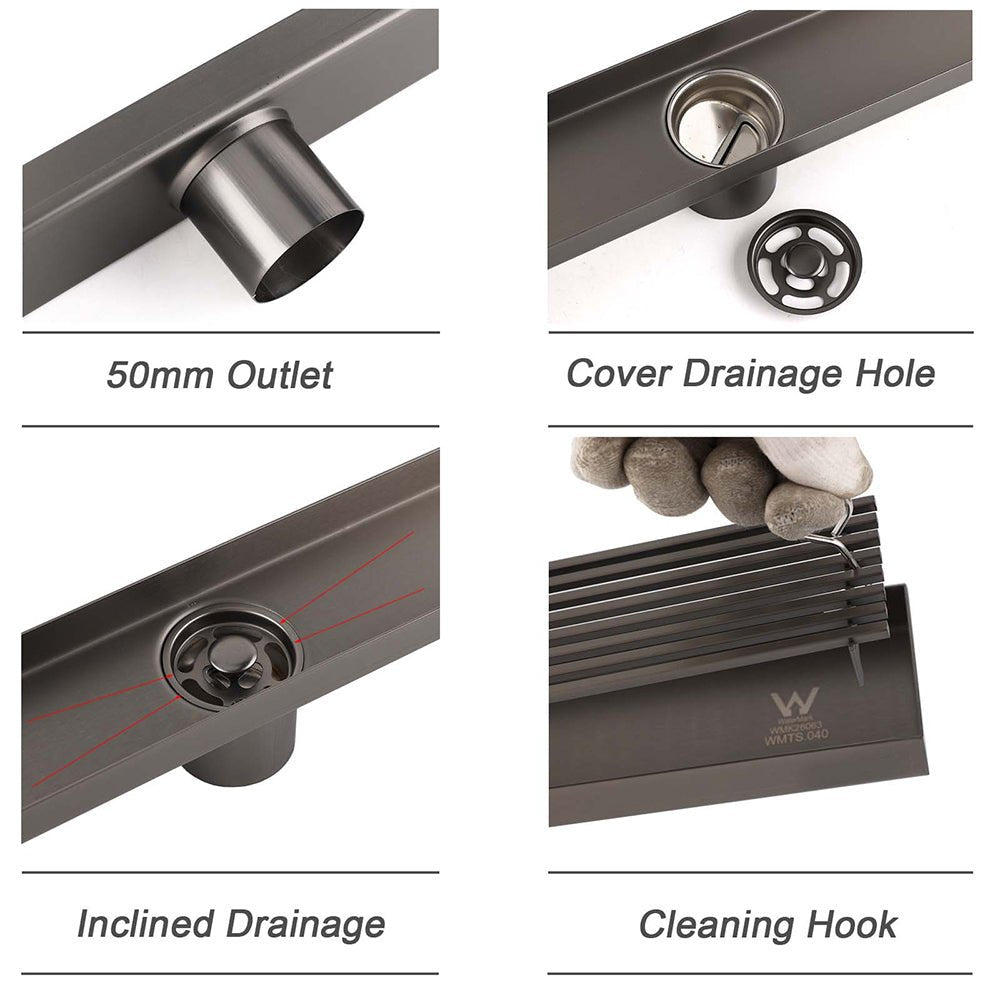 Gun Metal Stainless Steel 600mm Strip Fence Shower Grate Floor Drain 50mm Waste - Furniture > Bathroom > Shower Heads & Screens - Rivercity House & Home Co. (ABN 18 642 972 209) - Affordable Modern Furniture Australia