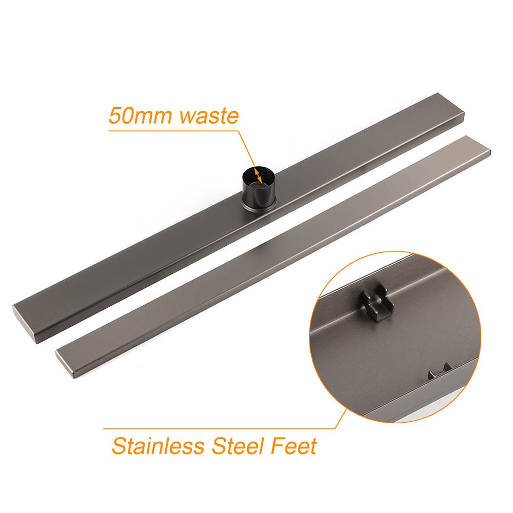 Gun Metal Tile Insert 600mm Linear Shower Grate Floor Drain 50mm Waste Outlet - Furniture > Bathroom > Shower Heads & Screens - Rivercity House & Home Co. (ABN 18 642 972 209) - Affordable Modern Furniture Australia