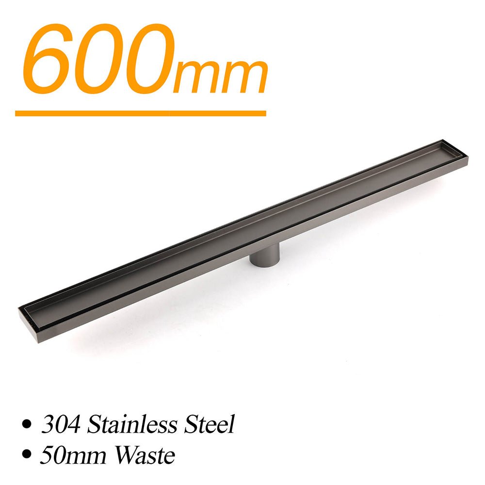 Gun Metal Tile Insert 600mm Linear Shower Grate Floor Drain 50mm Waste Outlet - Furniture > Bathroom > Shower Heads & Screens - Rivercity House & Home Co. (ABN 18 642 972 209) - Affordable Modern Furniture Australia