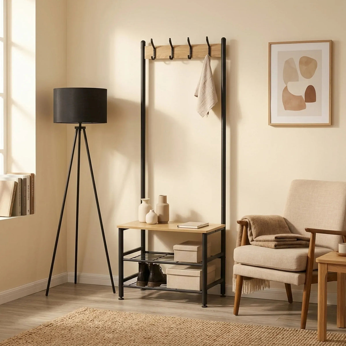 Hall Tree Coat Rack with Bench, 5 Hooks & Shoe Storage - Brown - Home & Garden > Storage > Clothing & Wardrobe Storage - Rivercity House & Home Co. (ABN 18 642 972 209) - Affordable Modern Furniture Australia
