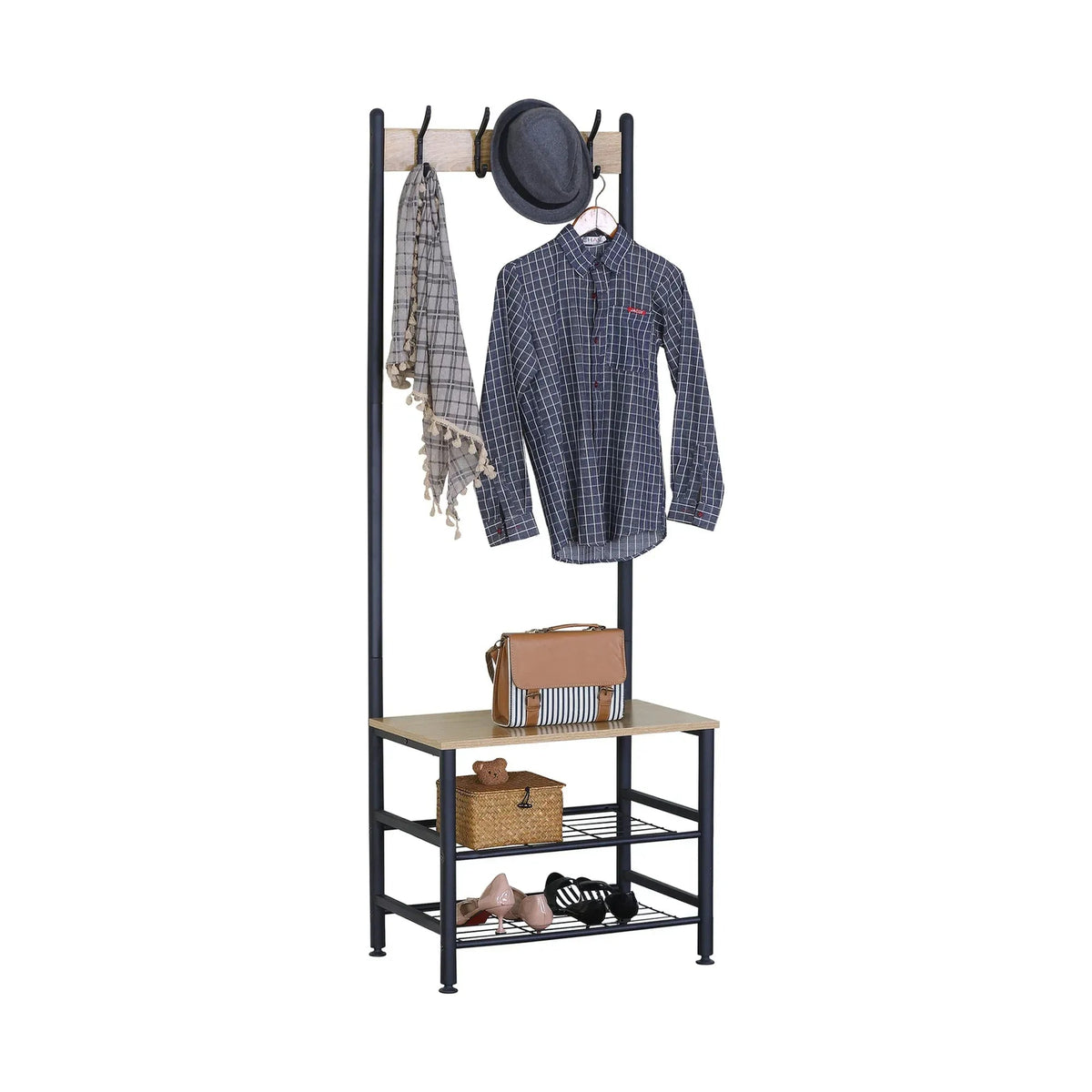 Hall Tree Coat Rack with Bench, 5 Hooks & Shoe Storage - Brown - Home & Garden > Storage > Clothing & Wardrobe Storage - Rivercity House & Home Co. (ABN 18 642 972 209) - Affordable Modern Furniture Australia