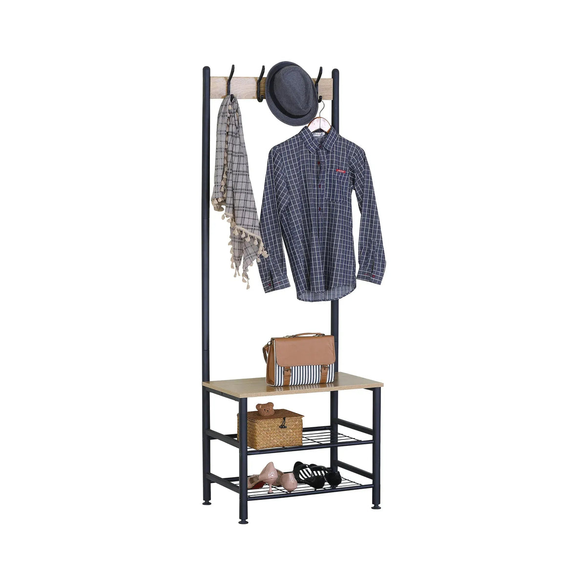 Hall Tree Coat Rack with Bench, 5 Hooks & Shoe Storage - Brown - Home & Garden > Storage > Clothing & Wardrobe Storage - Rivercity House & Home Co. (ABN 18 642 972 209) - Affordable Modern Furniture Australia