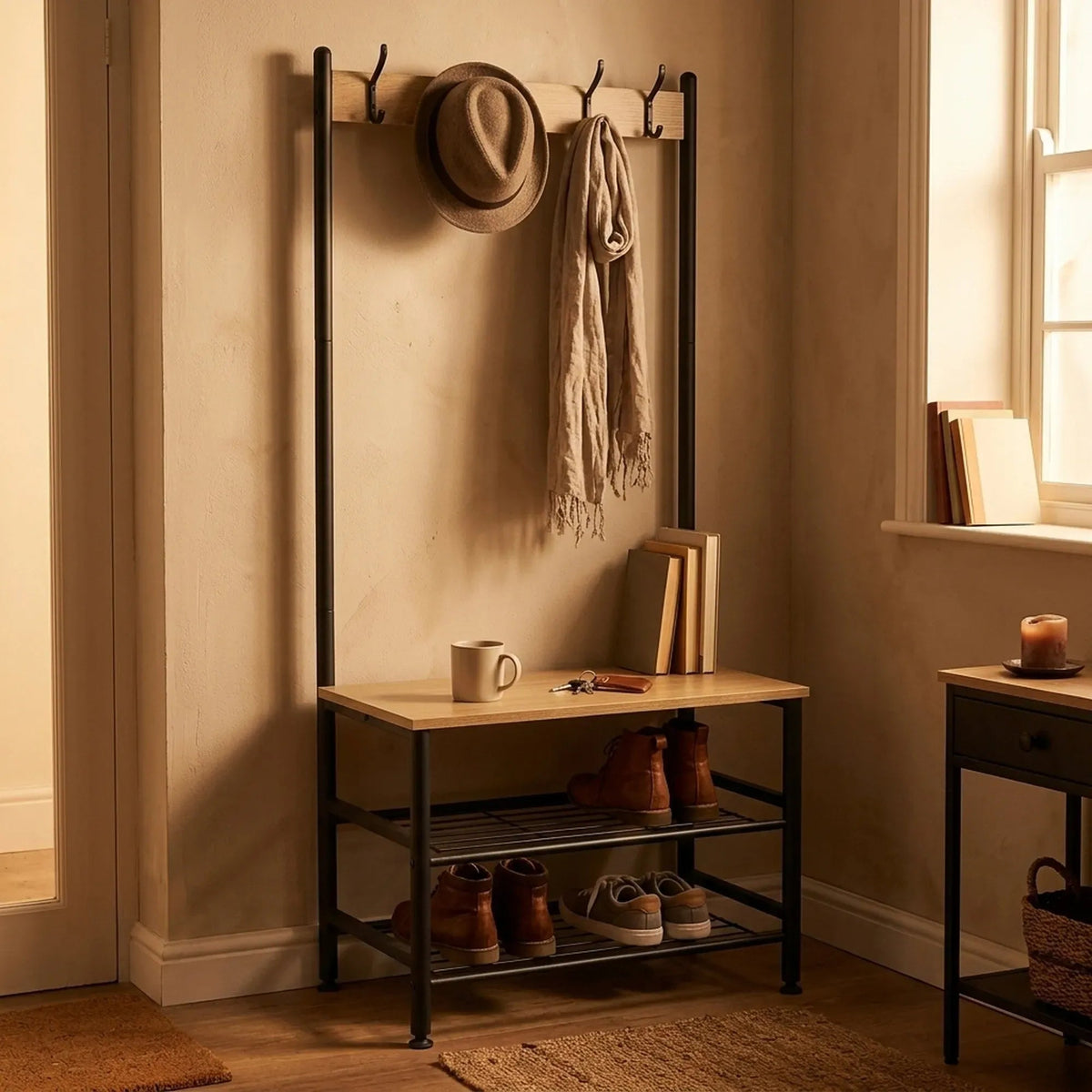 Hall Tree Coat Rack with Bench, 5 Hooks & Shoe Storage - Brown - Home & Garden > Storage > Clothing & Wardrobe Storage - Rivercity House & Home Co. (ABN 18 642 972 209) - Affordable Modern Furniture Australia