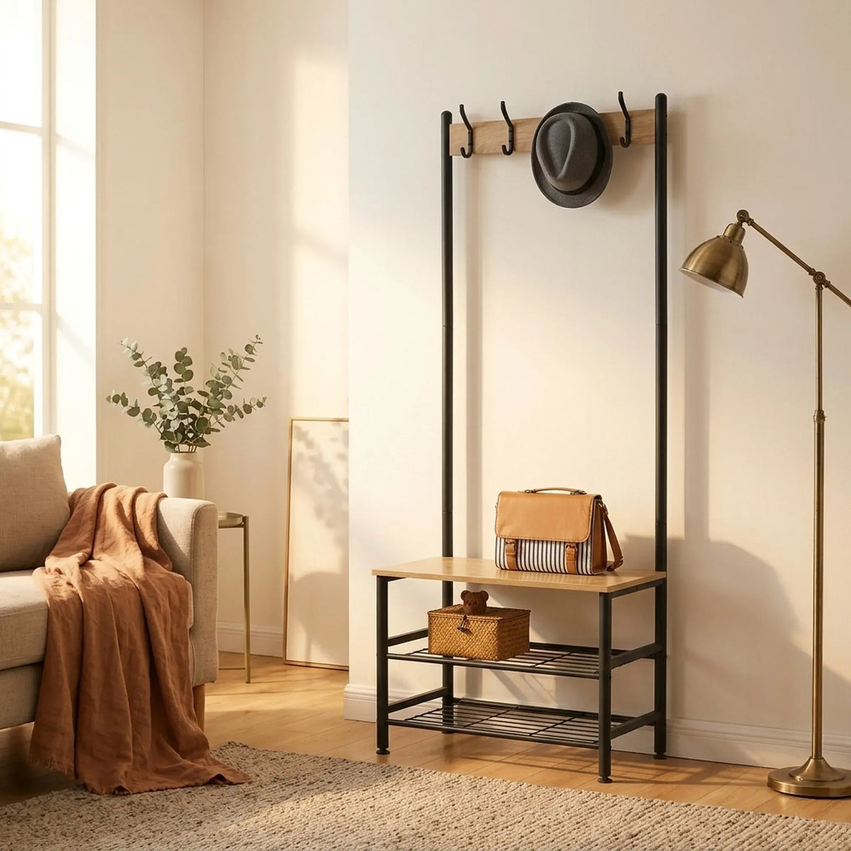 Hall Tree Coat Rack with Bench, 5 Hooks & Shoe Storage - Brown - Home & Garden > Storage > Clothing & Wardrobe Storage - Rivercity House & Home Co. (ABN 18 642 972 209) - Affordable Modern Furniture Australia