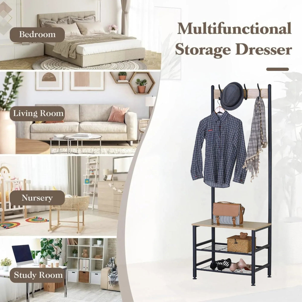Hall Tree Coat Rack with Bench, 5 Hooks & Shoe Storage - Brown - Home & Garden > Storage > Clothing & Wardrobe Storage - Rivercity House & Home Co. (ABN 18 642 972 209) - Affordable Modern Furniture Australia