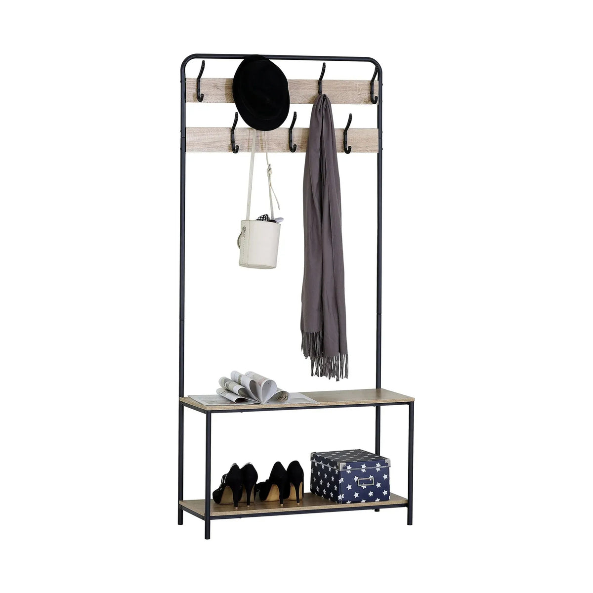 Hall Tree Coat Rack with Bench, 8 Hooks, Shoe Shelf, Rustic - Brown - Home & Garden > Storage > Clothing & Wardrobe Storage - Rivercity House & Home Co. (ABN 18 642 972 209) - Affordable Modern Furniture Australia