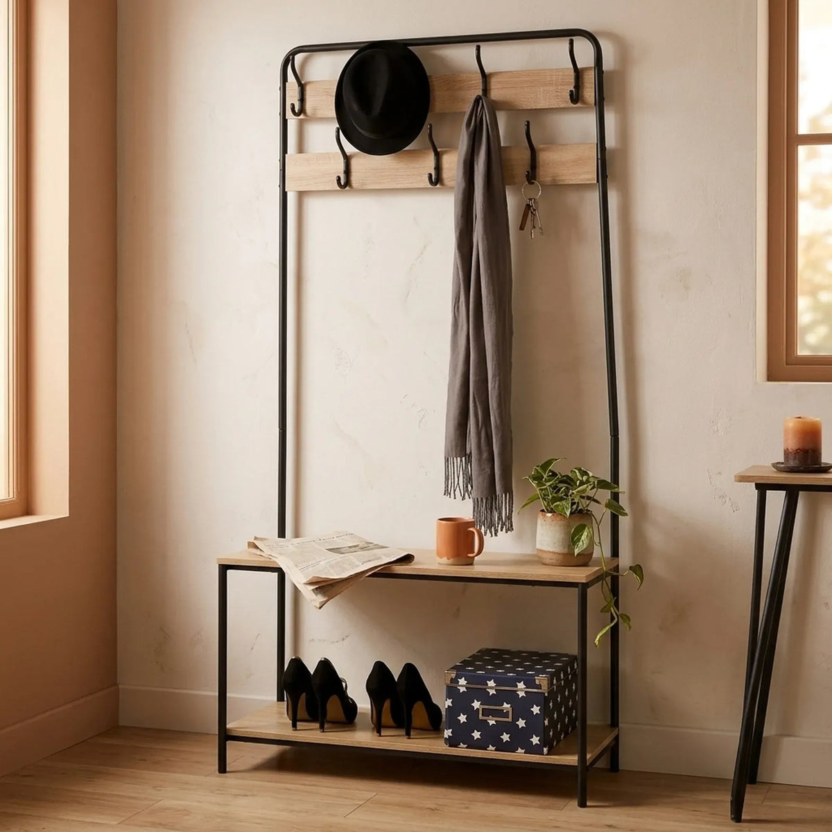 Hall Tree Coat Rack with Bench, 8 Hooks, Shoe Shelf, Rustic - Brown - Home & Garden > Storage > Clothing & Wardrobe Storage - Rivercity House & Home Co. (ABN 18 642 972 209) - Affordable Modern Furniture Australia