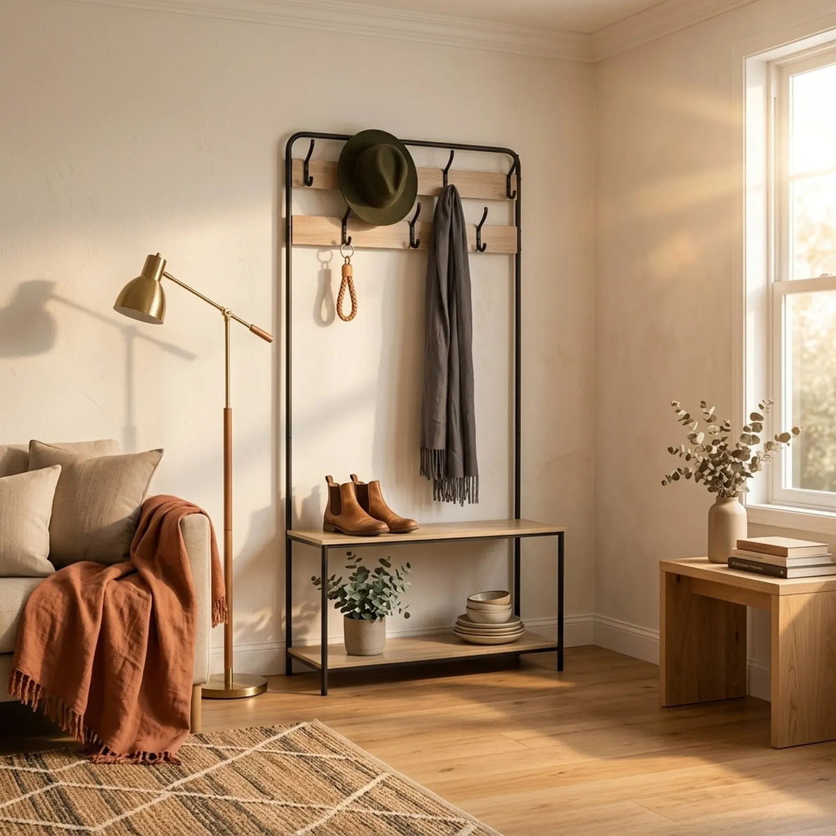 Hall Tree Coat Rack with Bench, 8 Hooks, Shoe Shelf, Rustic - Brown - Home & Garden > Storage > Clothing & Wardrobe Storage - Rivercity House & Home Co. (ABN 18 642 972 209) - Affordable Modern Furniture Australia