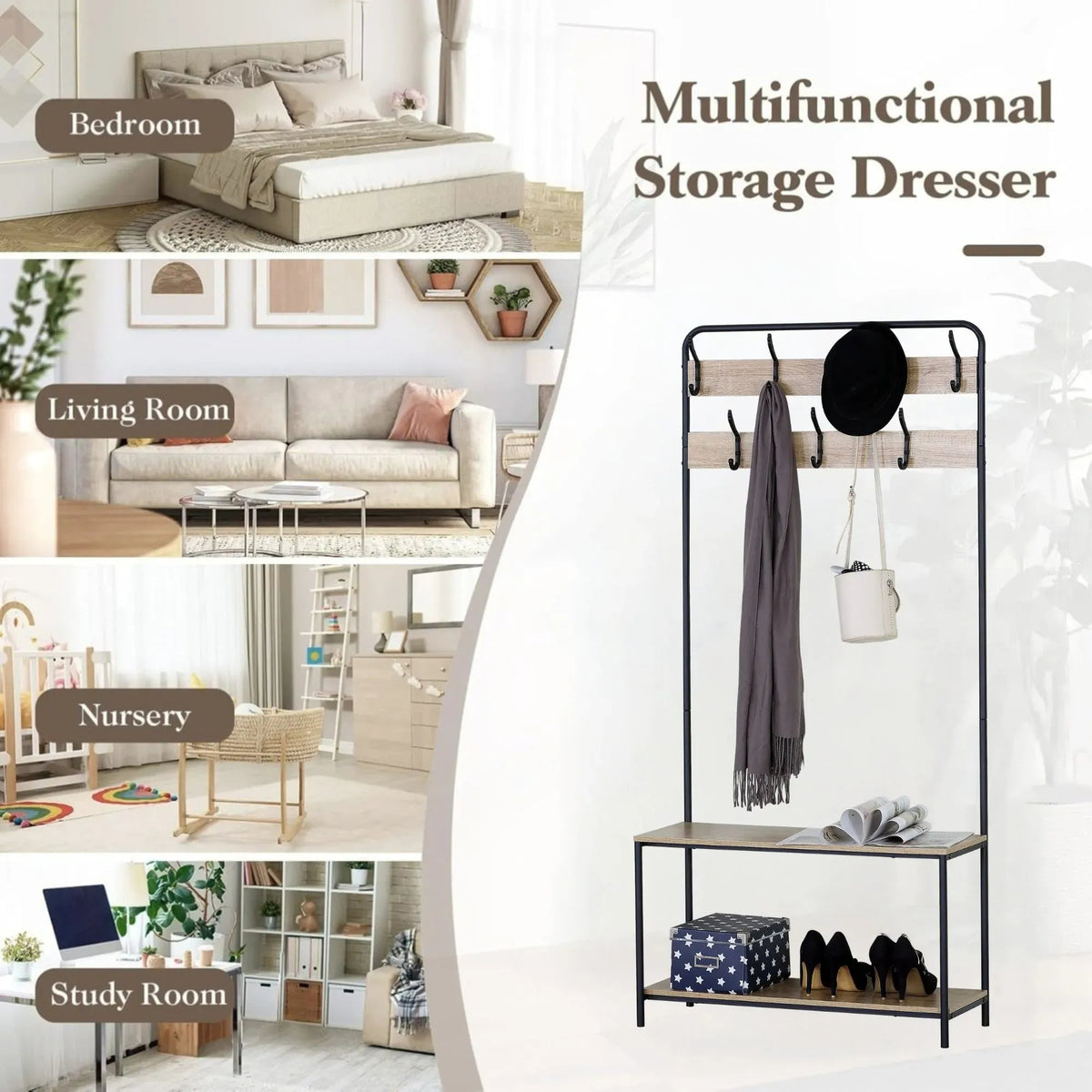 Hall Tree Coat Rack with Bench, 8 Hooks, Shoe Shelf, Rustic - Brown - Home & Garden > Storage > Clothing & Wardrobe Storage - Rivercity House & Home Co. (ABN 18 642 972 209) - Affordable Modern Furniture Australia